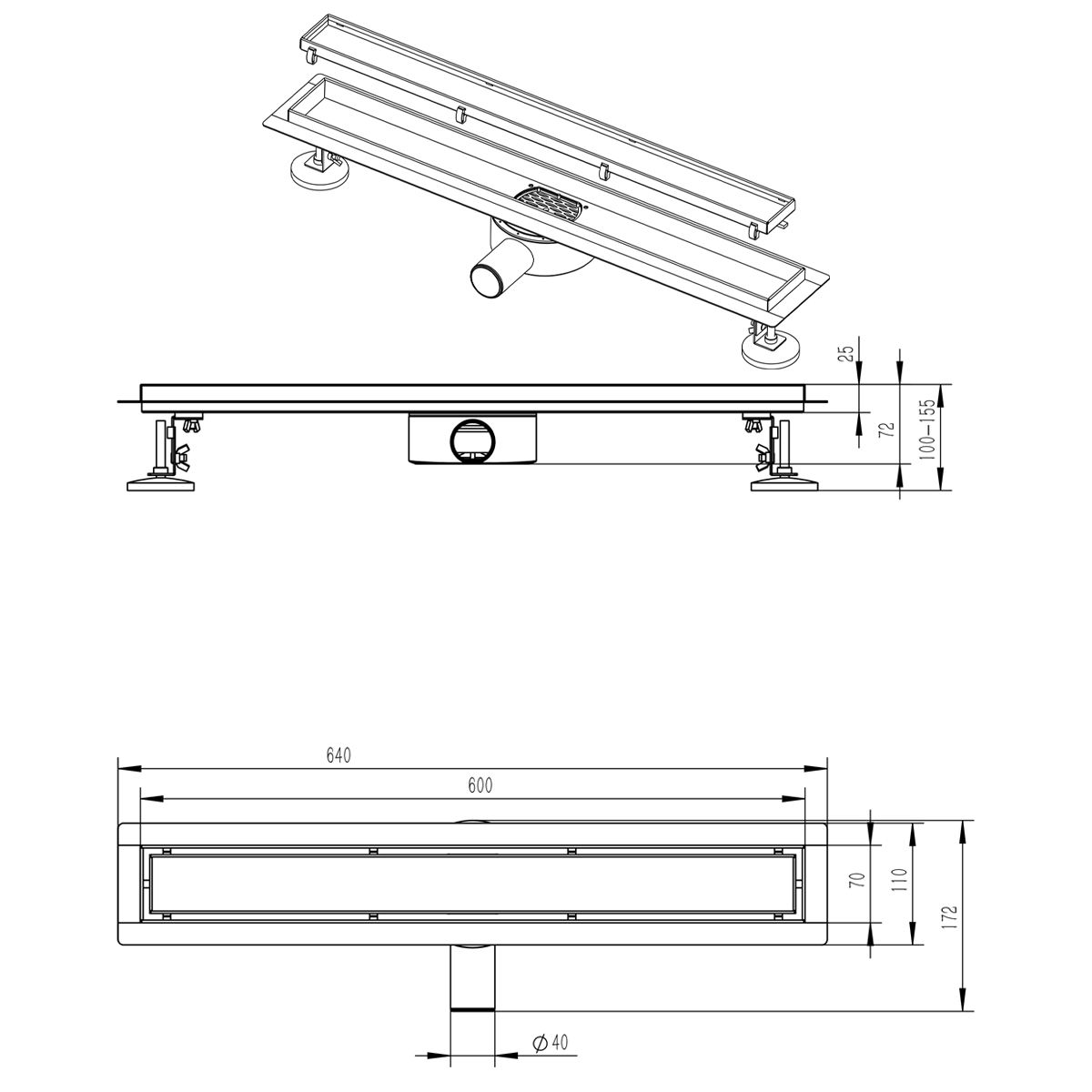 Duschrinne, 360° Siphon, Mattgold, Edelstahl SS304, Größen: 60 oder 80 cm, Elegro
