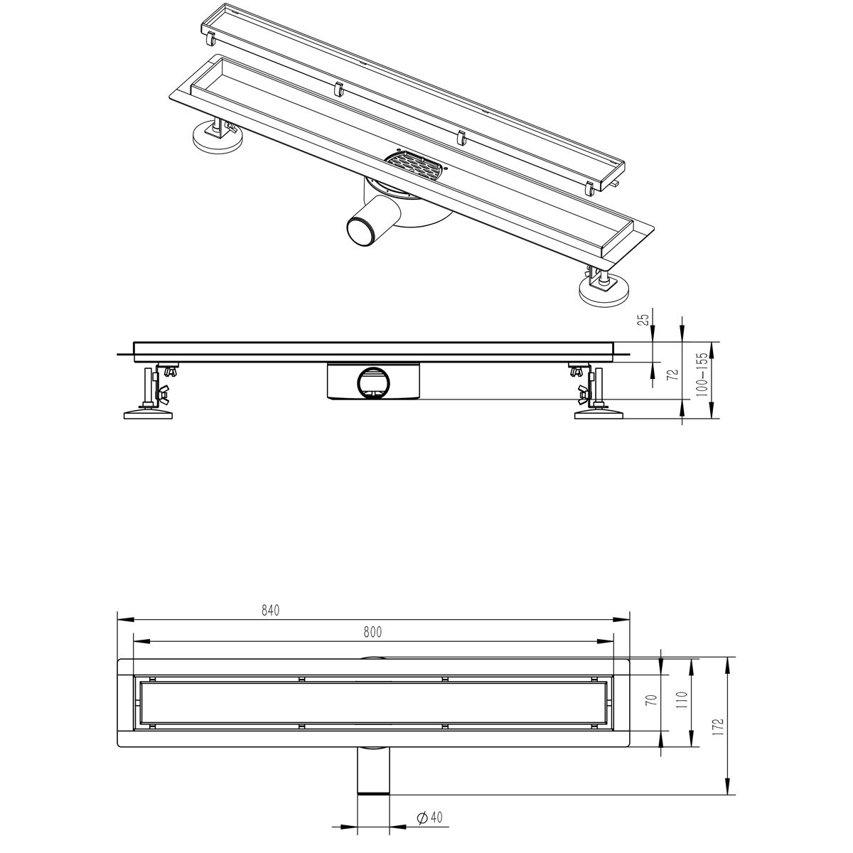 Duschrinne, 360° Siphon, Chrom, Edelstahl SS304, Größen: 60 oder 80 cm, Elegro