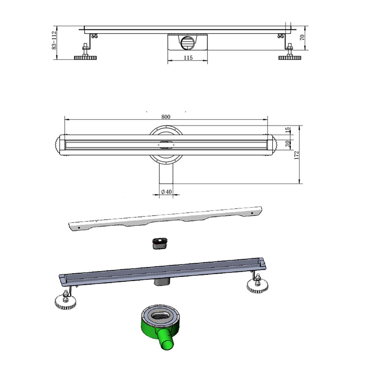 Slim-Duschrinne, Siphon 360°, Größen: 60 oder 80 cm, Edelstahl SS304, Mattgold, Rivela