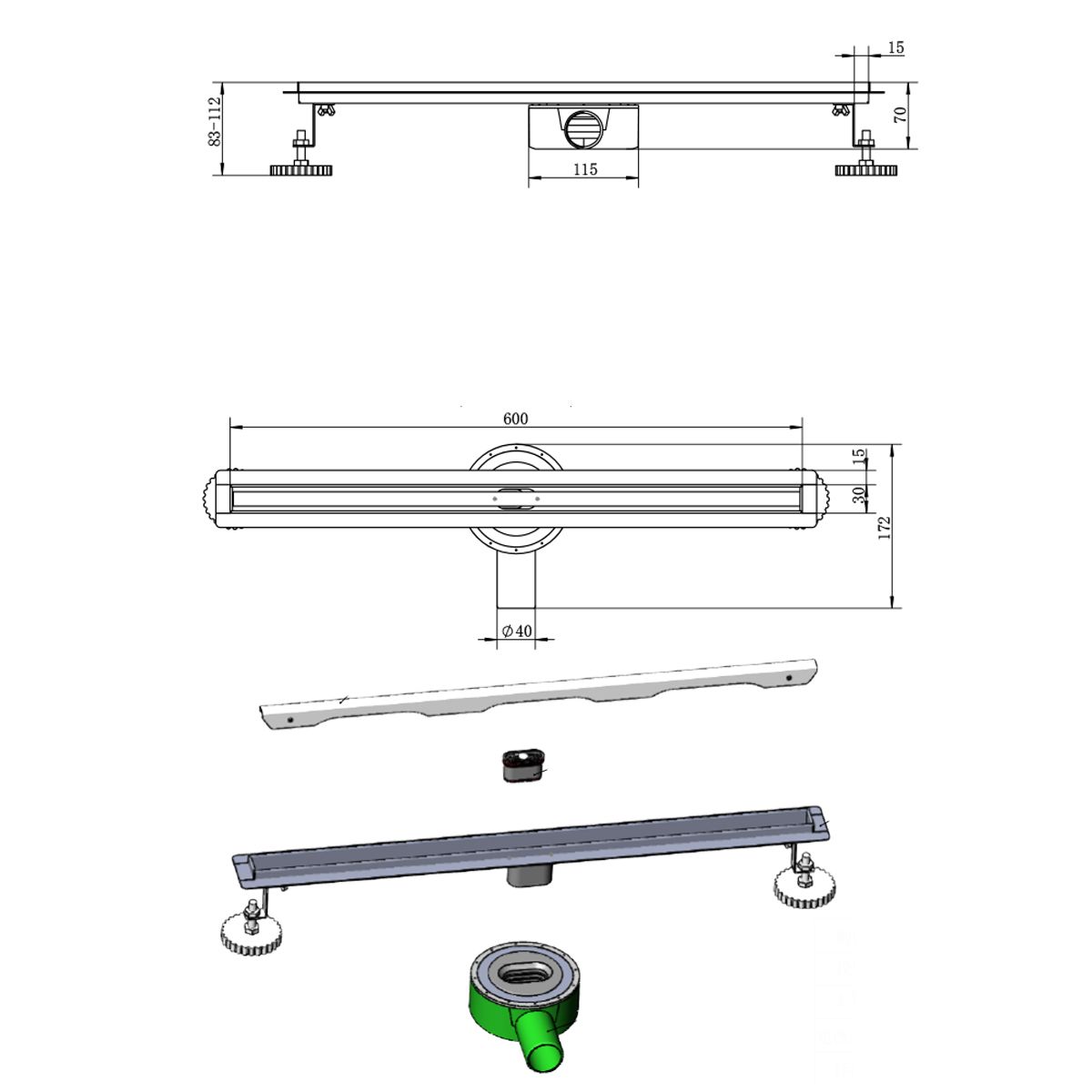 Slim-Duschrinne, Siphon 360°, Größen: 60 oder 80 cm, Edelstahl SS304, Chrom, Rivela