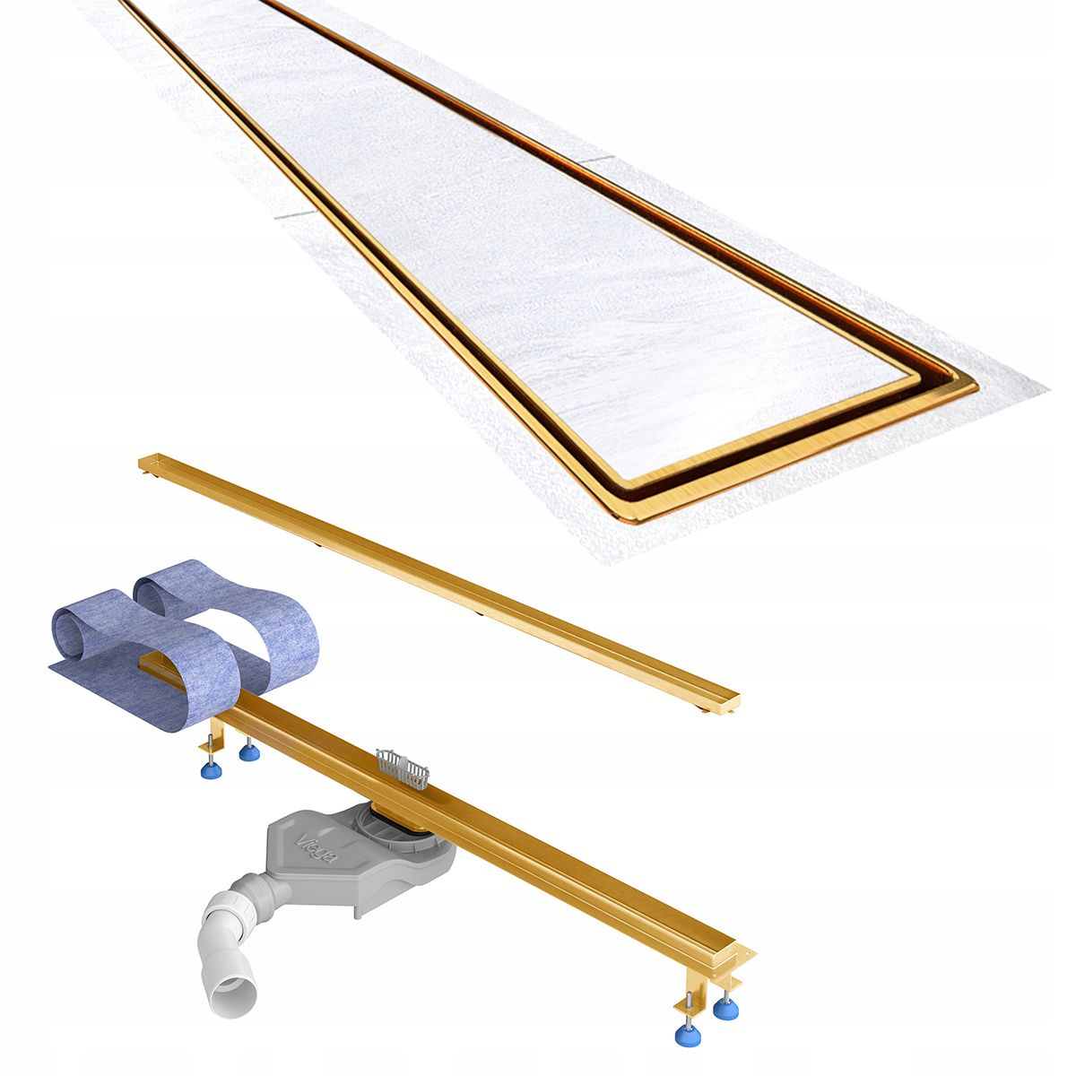 Duschrinne, befliesbar, Viega Siphon, Slim Mattgold, Größen zwischen 60–90 cm, Edelstahl