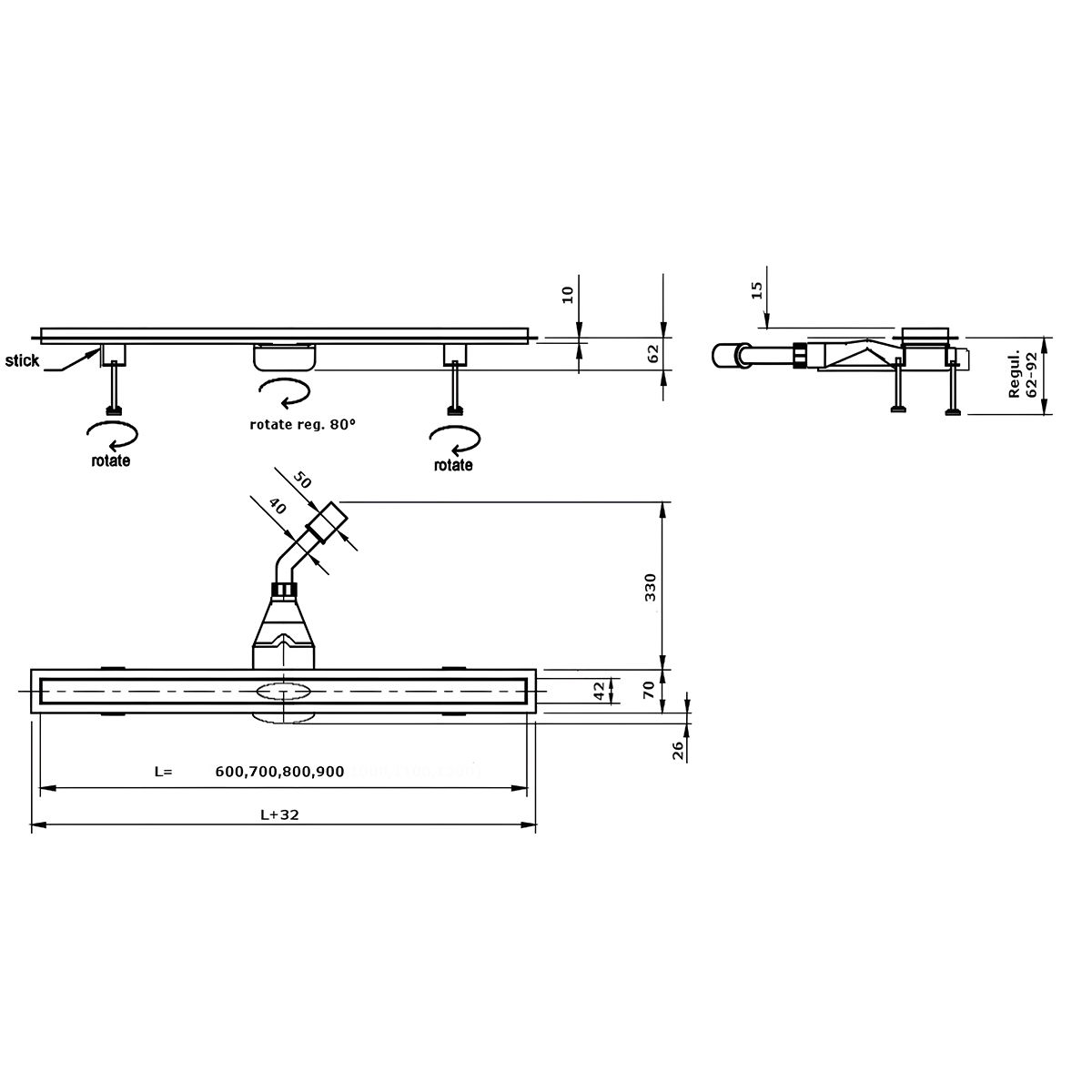 Duschrinne, befliesbar, Viega Siphon, Slim Mattgold, Größen zwischen 60–90 cm, Edelstahl