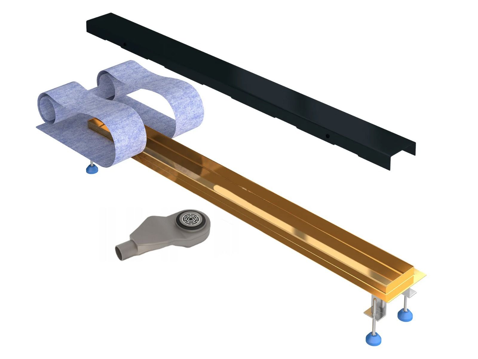 Duschrinne, Smart Pipe Siphon, Premium Black & Gold, Größen zwischen 60–90 cm, Breite 7,6 cm, Edelstahl