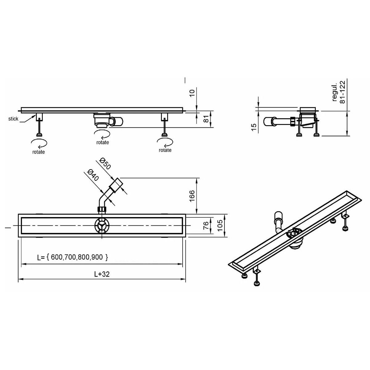 Duschrinne, Smart Pipe Siphon, Premium Black & Gold, Größen zwischen 60–90 cm, Breite 7,6 cm, Edelstahl