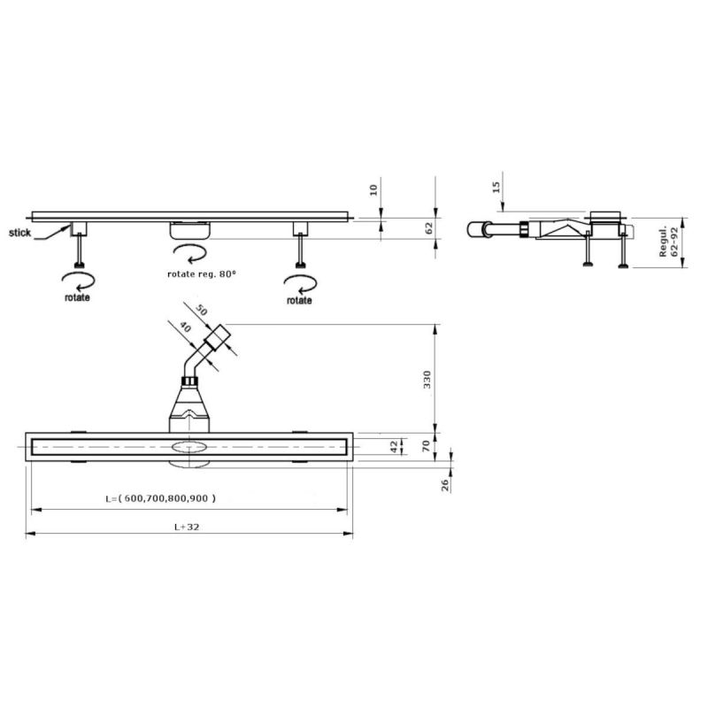 Duschrinne, Smart Pipe Siphon, Premium Low Gold, Größen zwischen 60-90 cm, Breite 7,6 cm, Edelstahl