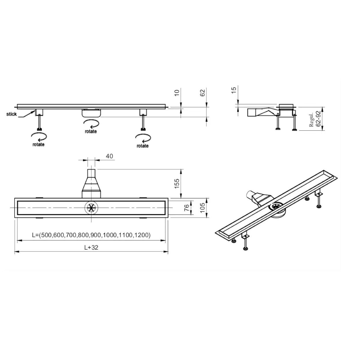 Duschrinne, Smart Pipe Siphon, Premium Low Black, Größen zwischen 50-120 cm, Breite 7,6 cm, Edelstahl