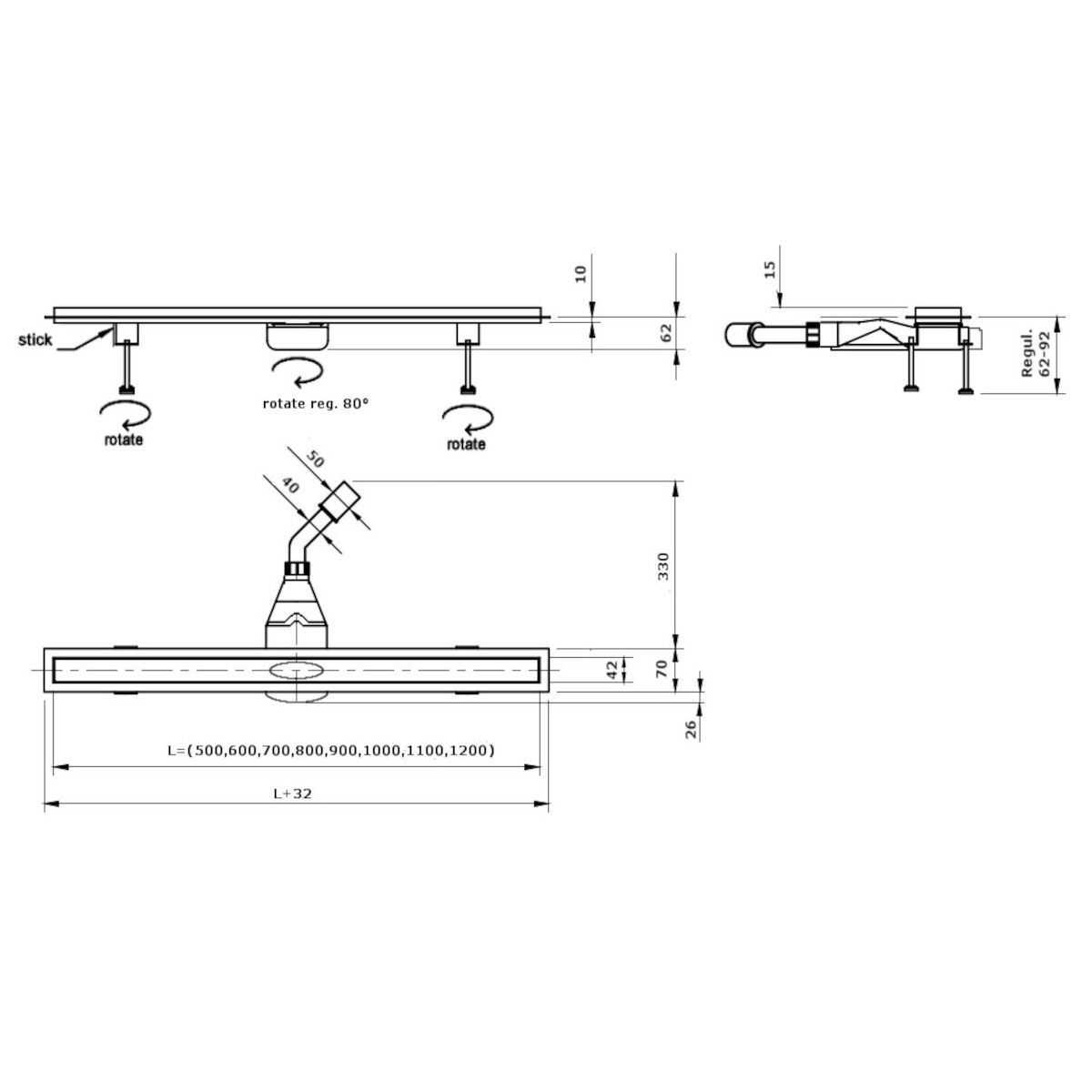 Duschrinne, verfliesbar, Viega Siphon, Einbau unter der Fliese, Chrom, Slim, Größen 50-120 cm, Breite 3,2 cm