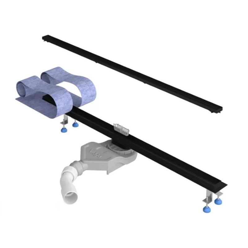 Duschrinne, verfliesbar, Viega Siphon, Einbau unter der Fliese, Schwarz, Slim, Größen 50-120 cm, Breite 3,2 cm