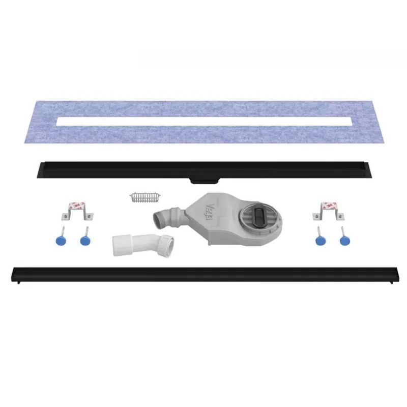 Duschrinne, verfliesbar, Viega Siphon, Einbau unter der Fliese, Schwarz, Slim, Größen 50-120 cm, Breite 3,2 cm