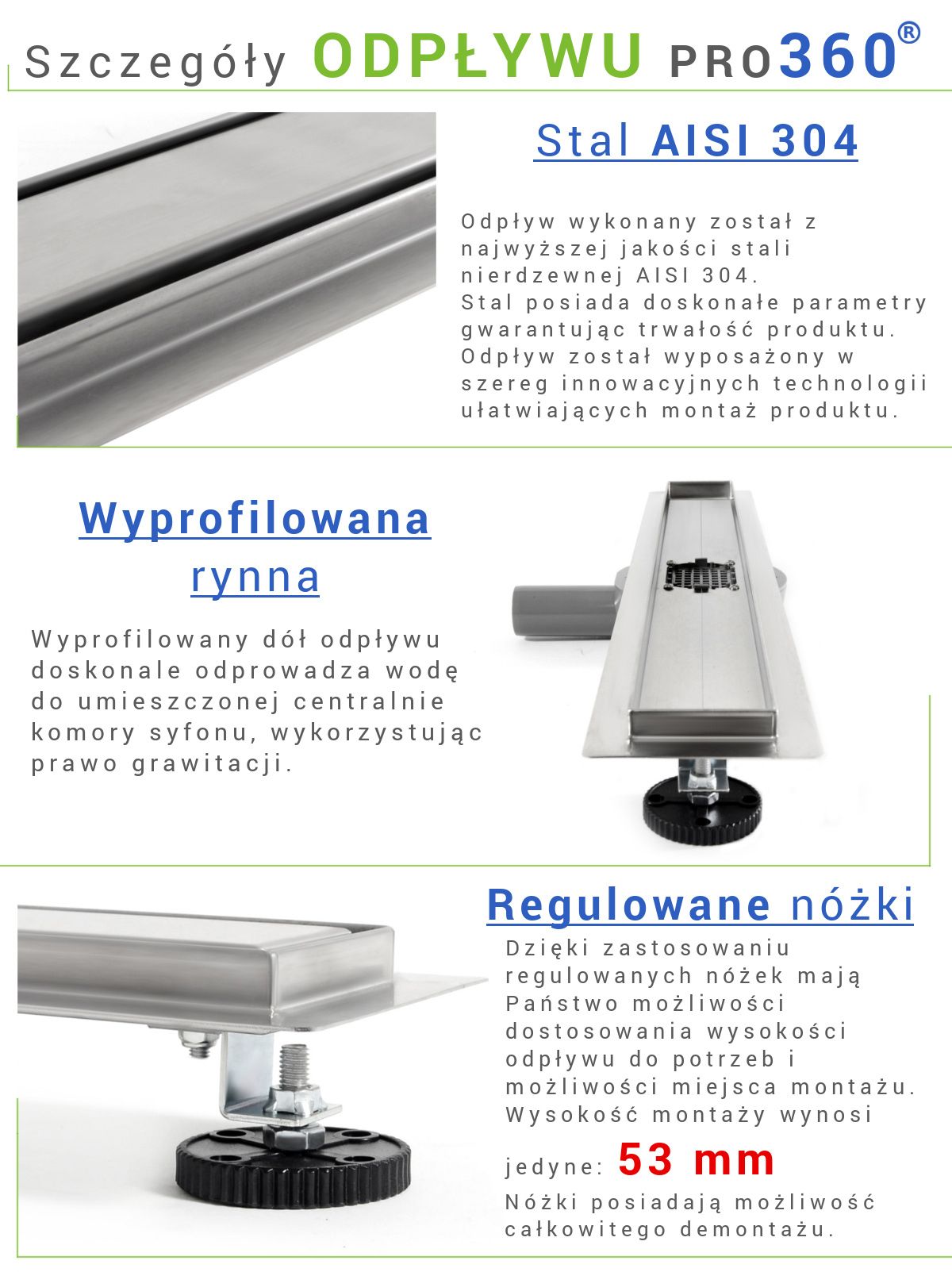 Duschrinne EGO-PRO, Größen von 50 bis 100 cm, beidseitig verwendbar, Edelstahl