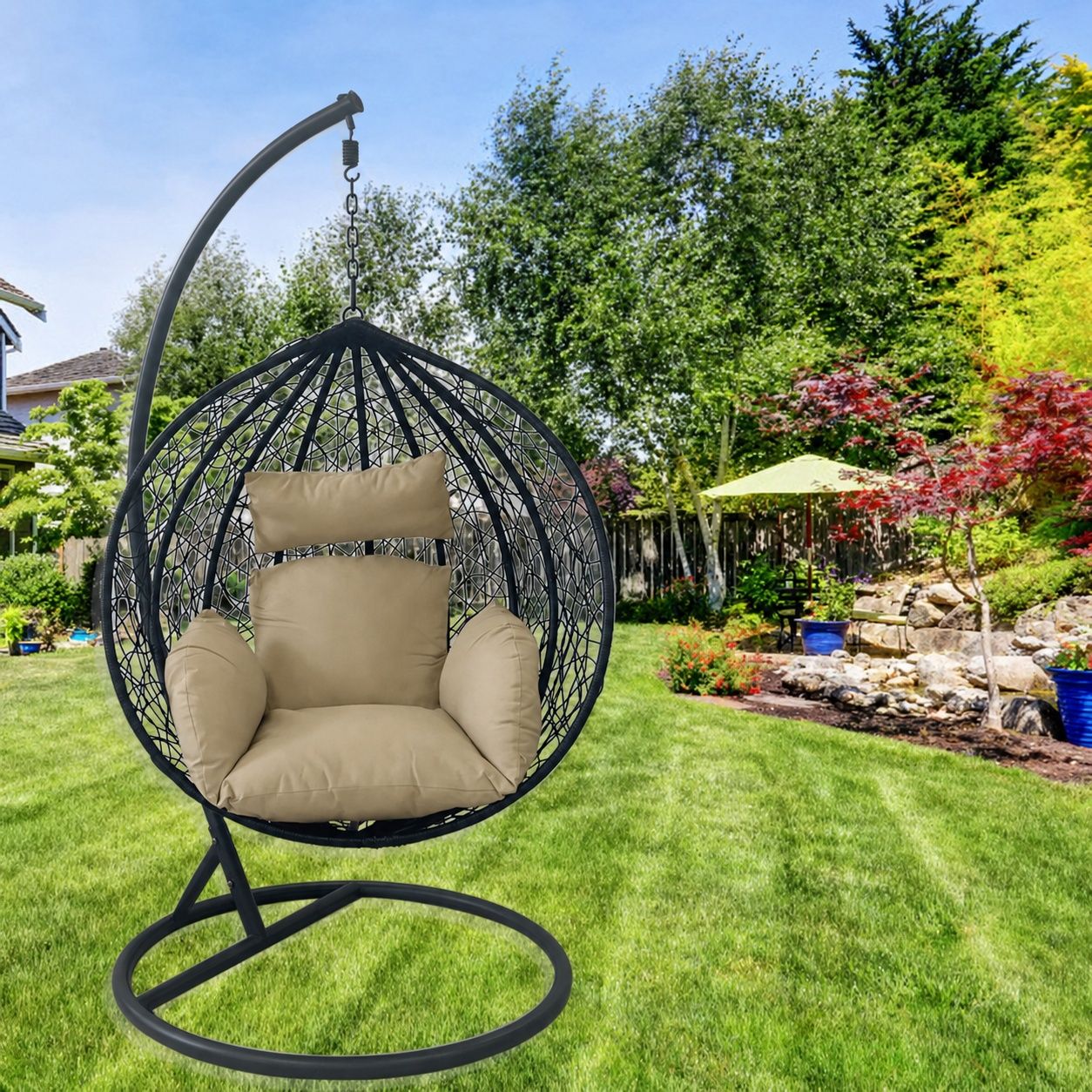 Hängesessel California Black, Entspannungssessel zum Aufhängen, für Garten oder Wohnzimmer, komfortabel und modern