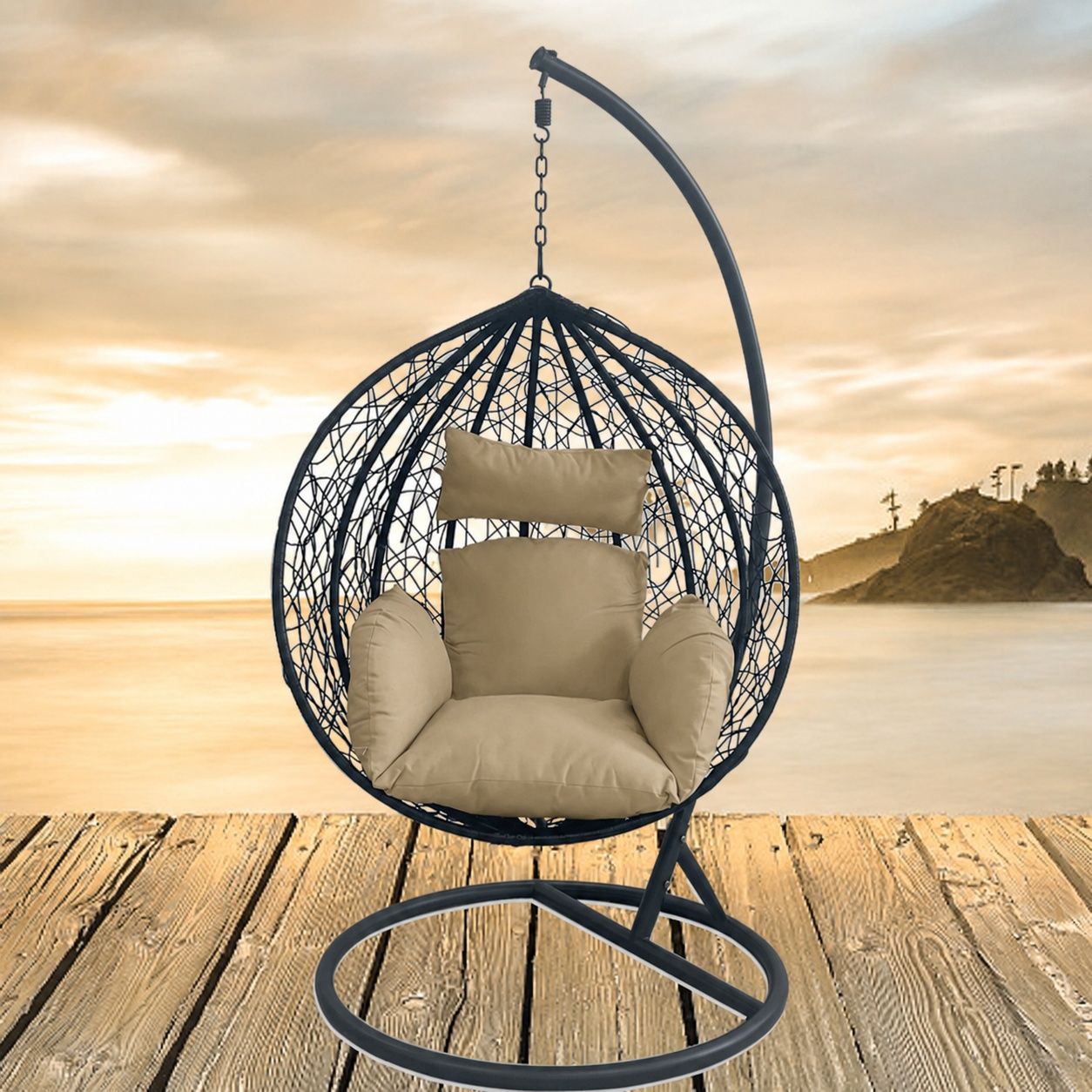 Hängesessel California Black, Entspannungssessel zum Aufhängen, für Garten oder Wohnzimmer, komfortabel und modern