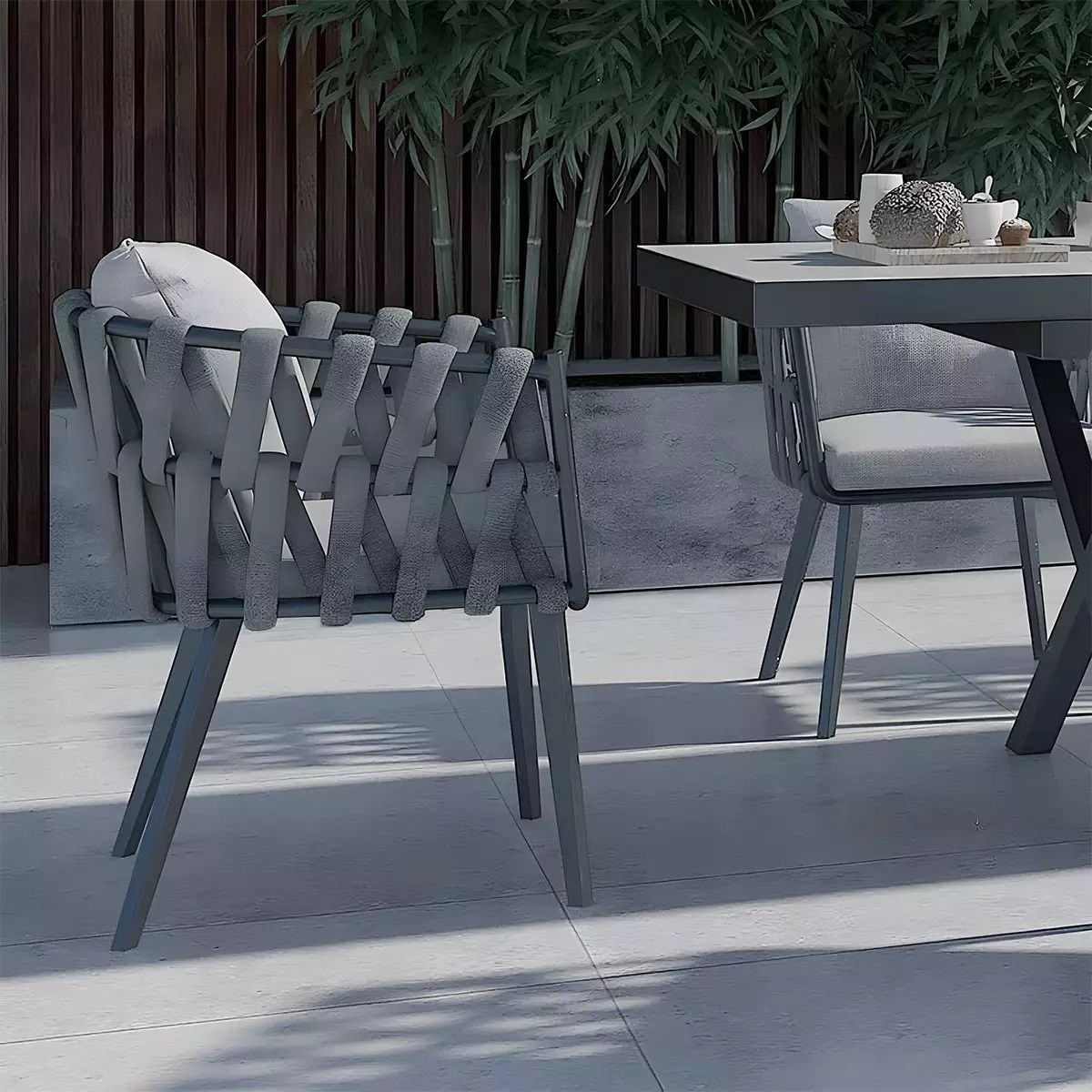 Stuhl Riga, für Terrassenmöbel, Aluminium, 5 cm Kissen, Seilgeflecht, 58 x 64,5 x 75 cm
