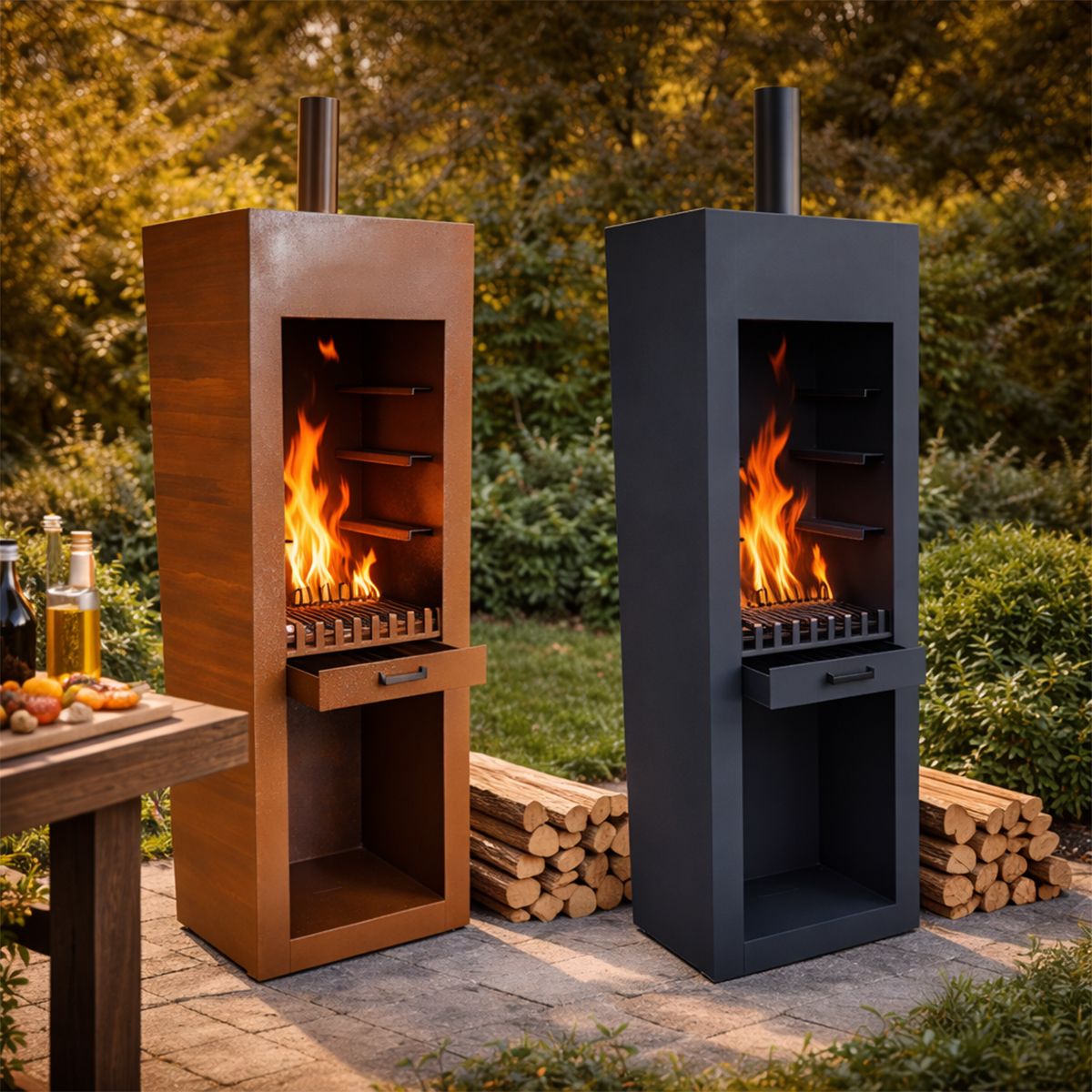 Kamin mit Grill, schwarz, Gartenkamin, 60 x 50 x 150 cm, 1,5 mm Cortenstahl, Stauraum für Holz, Atlas