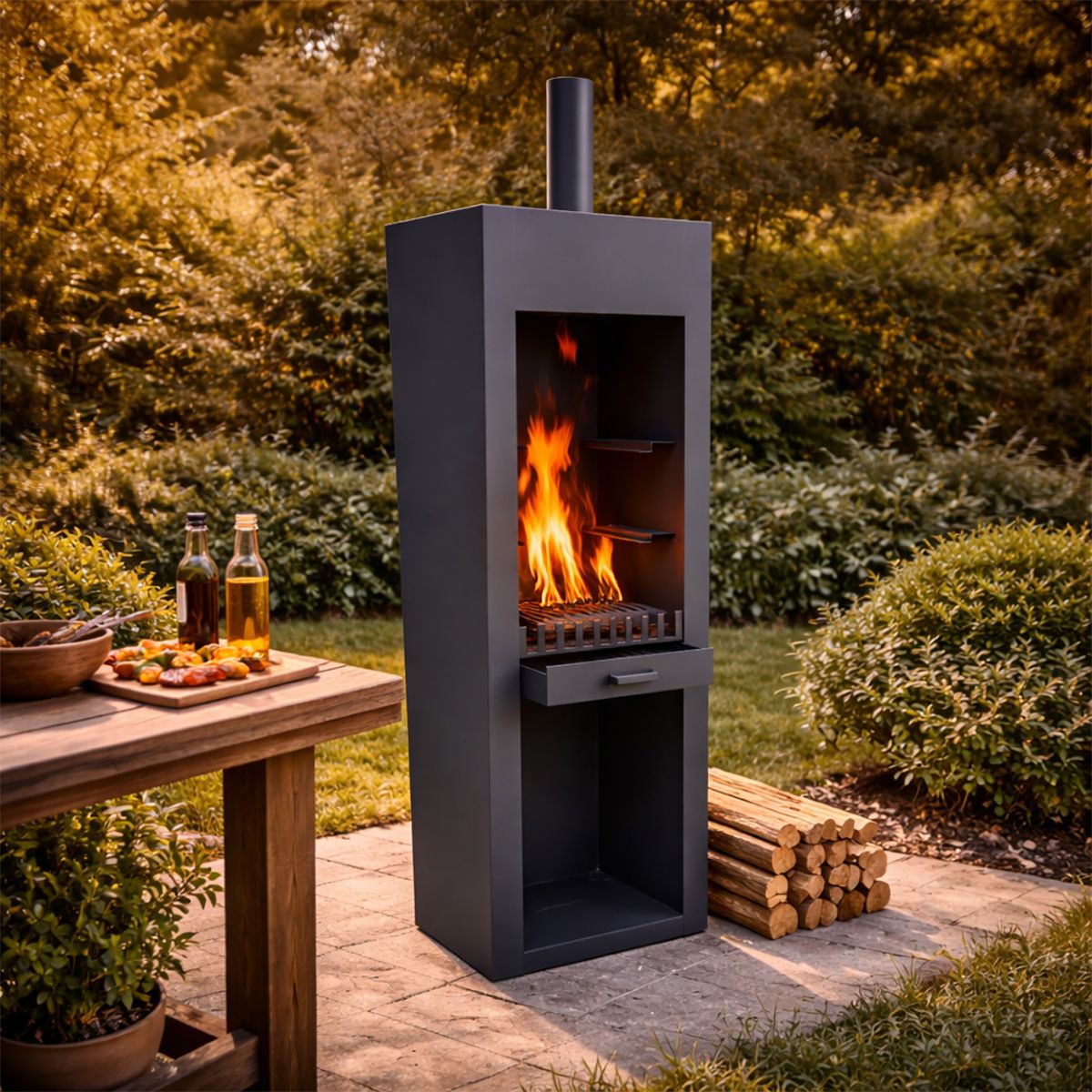 Kamin mit Grill, schwarz, Gartenkamin, 60 x 50 x 150 cm, 1,5 mm Cortenstahl, Stauraum für Holz, Atlas