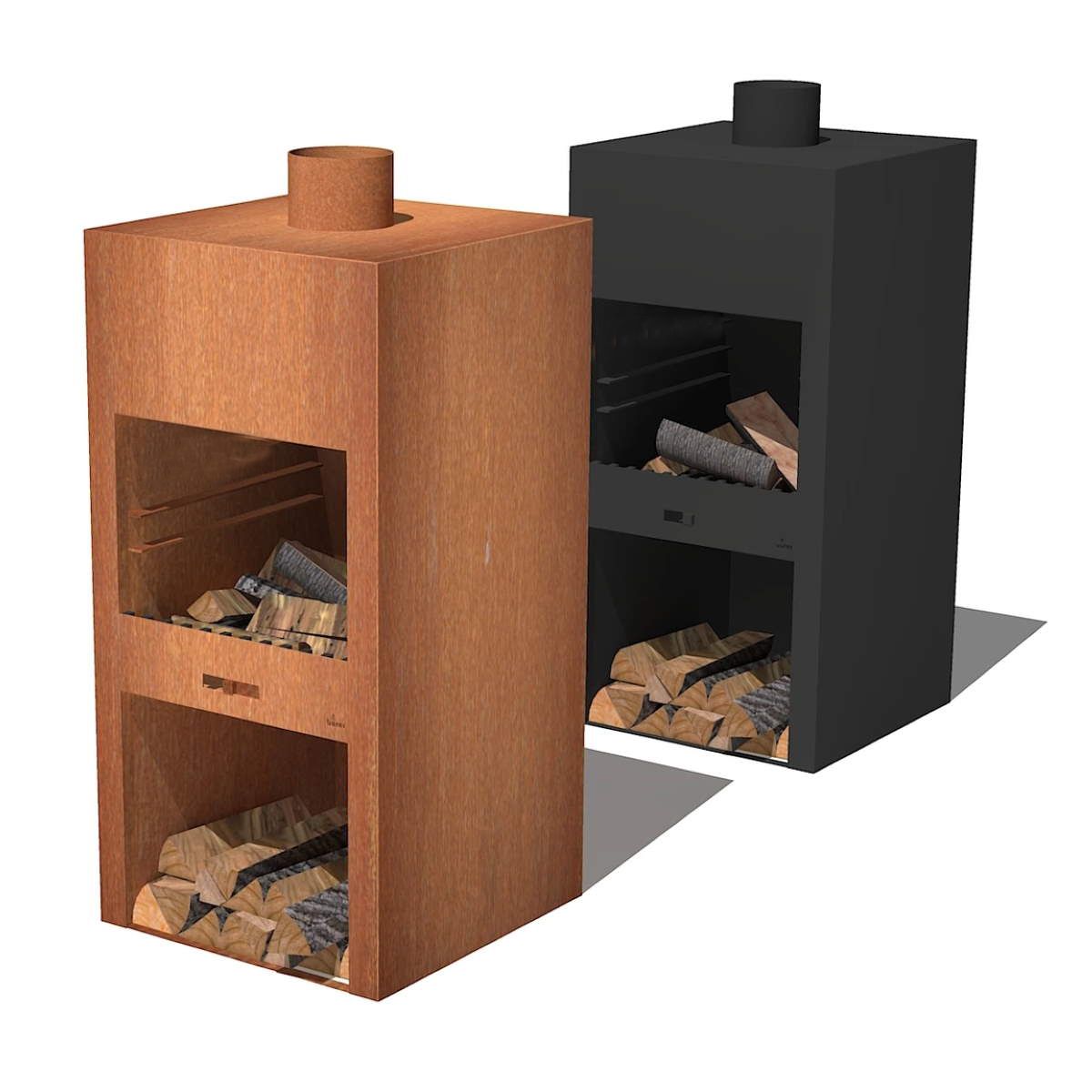 Kamin mit Grill, schwarz, Gartenkamin, 60 x 50 x 150 cm, 1,5 mm Cortenstahl, Stauraum für Holz, Atlas
