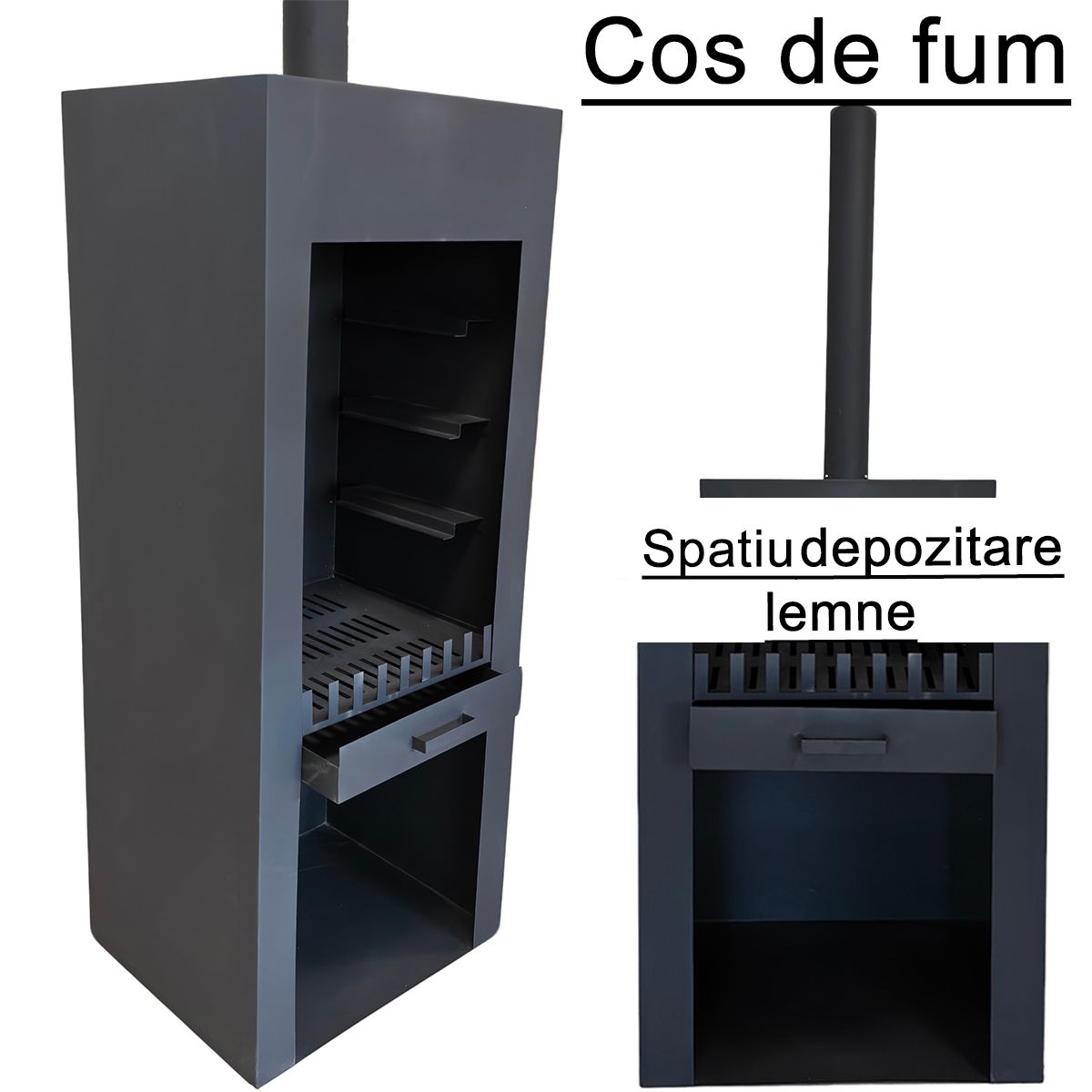 Kamin mit Grill, schwarz, Gartenkamin, 60 x 50 x 150 cm, 1,5 mm Cortenstahl, Stauraum für Holz, Atlas