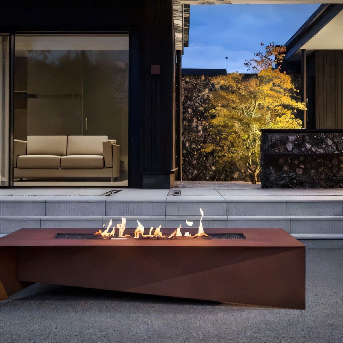 Gaskamin für CNG, Zünd- und Flammenregelventil, 2 mm Cortenstahl, 150x70x35 cm, Luxora