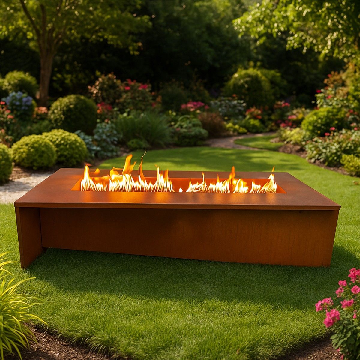 Gaskamin für CNG, Zünd- und Flammenregelventil, 2 mm Cortenstahl, 150x70x35 cm, Luxora