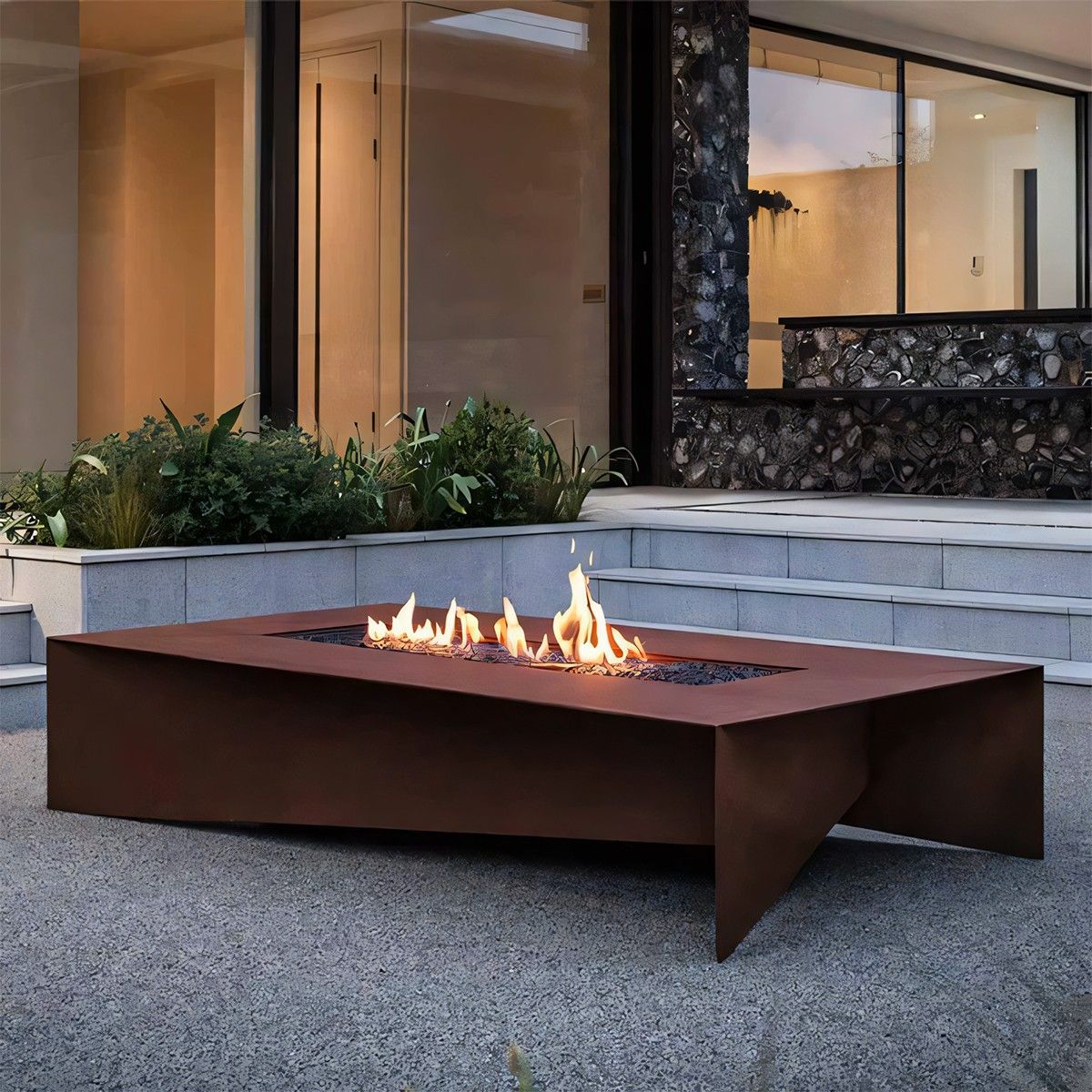 Gaskamin für CNG, Zünd- und Flammenregelventil, 2 mm Cortenstahl, 150x70x35 cm, Luxora