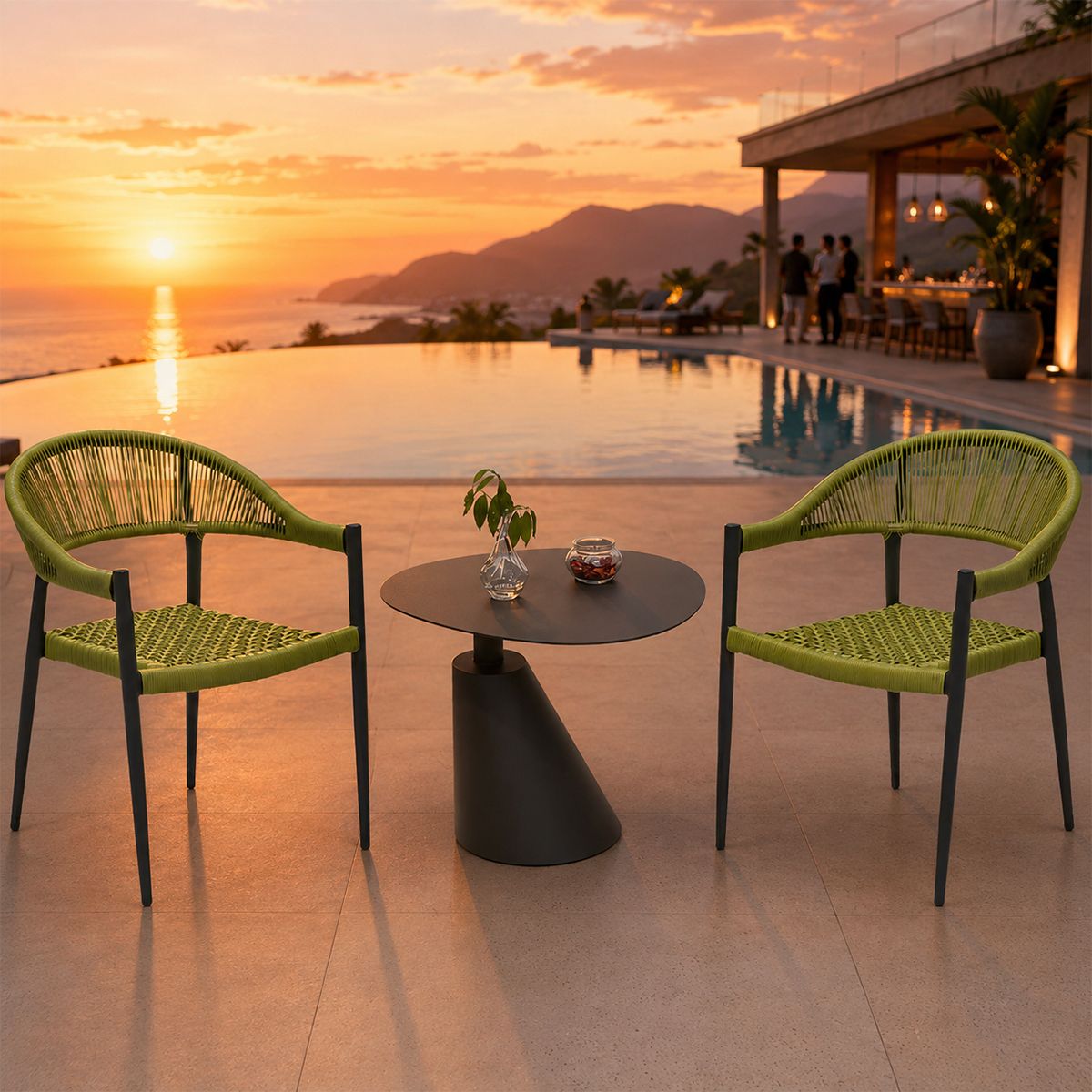 Set mit Tisch und 2 Stühlen, für Garten oder Terrasse, Aluminium in Dunkelgrau, grüne Seilflechtung, Oasis