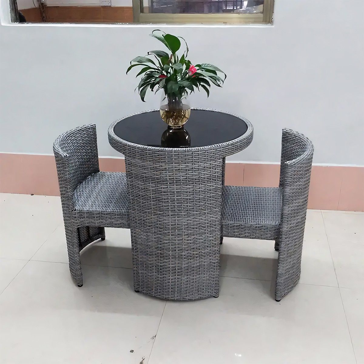 Set mit Tisch und 2 Stühlen, für Garten oder Terrasse, klappbar, Polyrattan, Stahlrahmen, Glasplatte, Durchmesser 65 cm, Palermo
