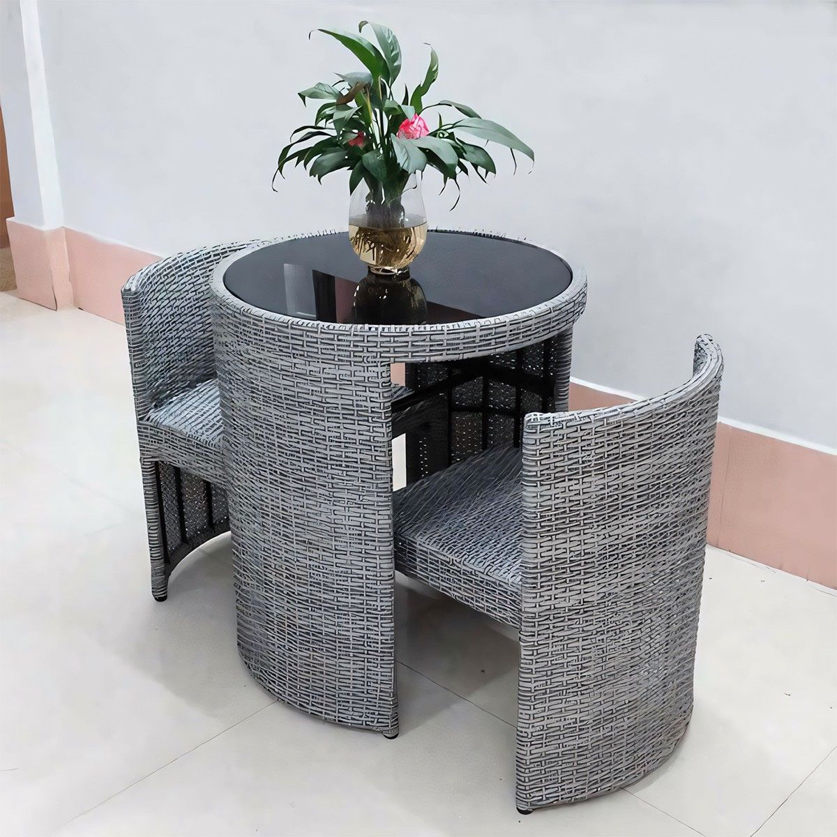 Set mit Tisch und 2 Stühlen, für Garten oder Terrasse, klappbar, Polyrattan, Stahlrahmen, Glasplatte, Durchmesser 65 cm, Palermo