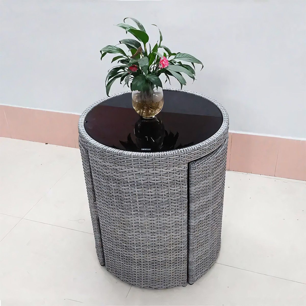 Set aus Tisch und 2 Stühlen für Garten und Terrasse, klappbar und stapelbar, Polyrattan, Glasplatte, Durchmesser 65 cm, Palermo