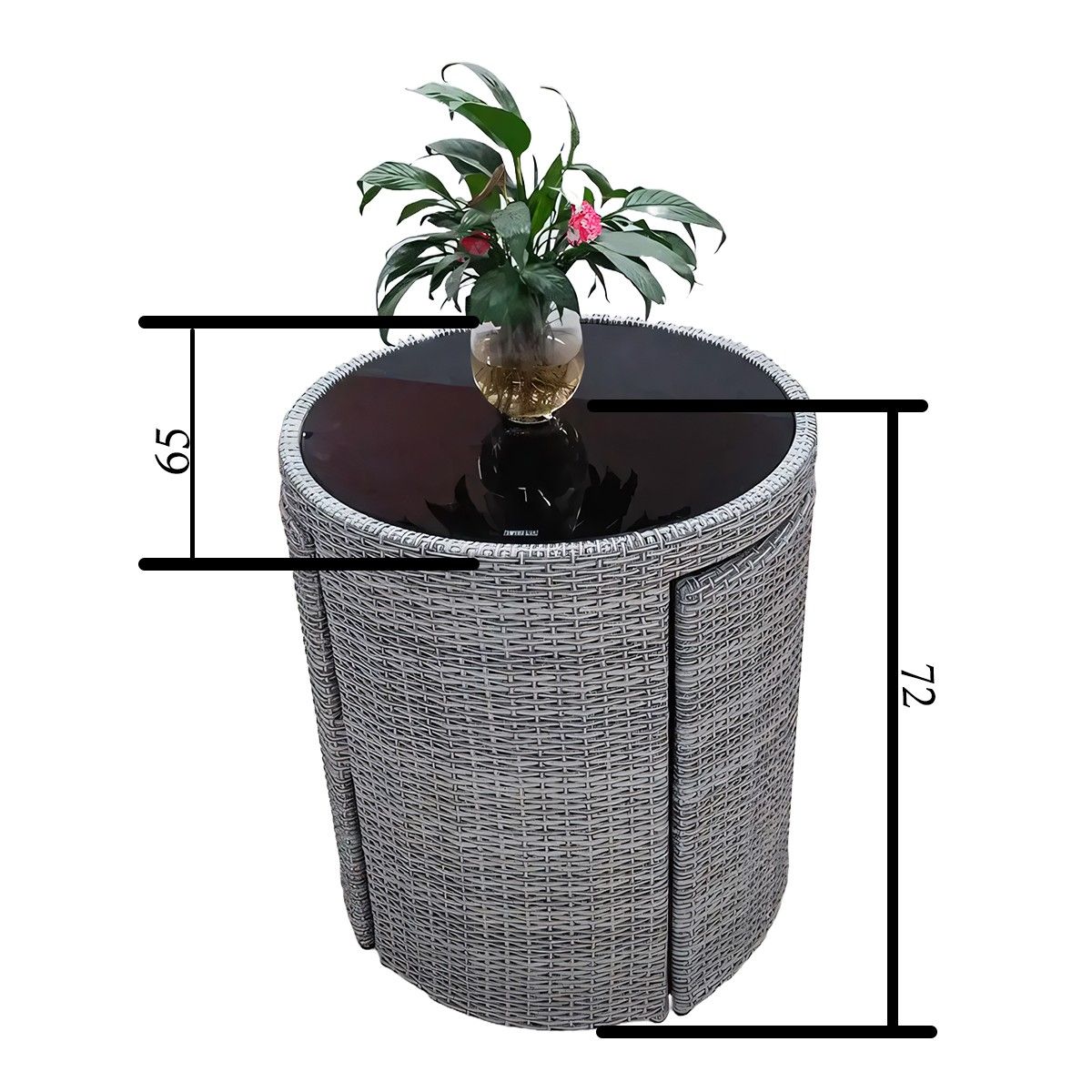 Set aus Tisch und 2 Stühlen für Garten und Terrasse, klappbar und stapelbar, Polyrattan, Glasplatte, Durchmesser 65 cm, Palermo