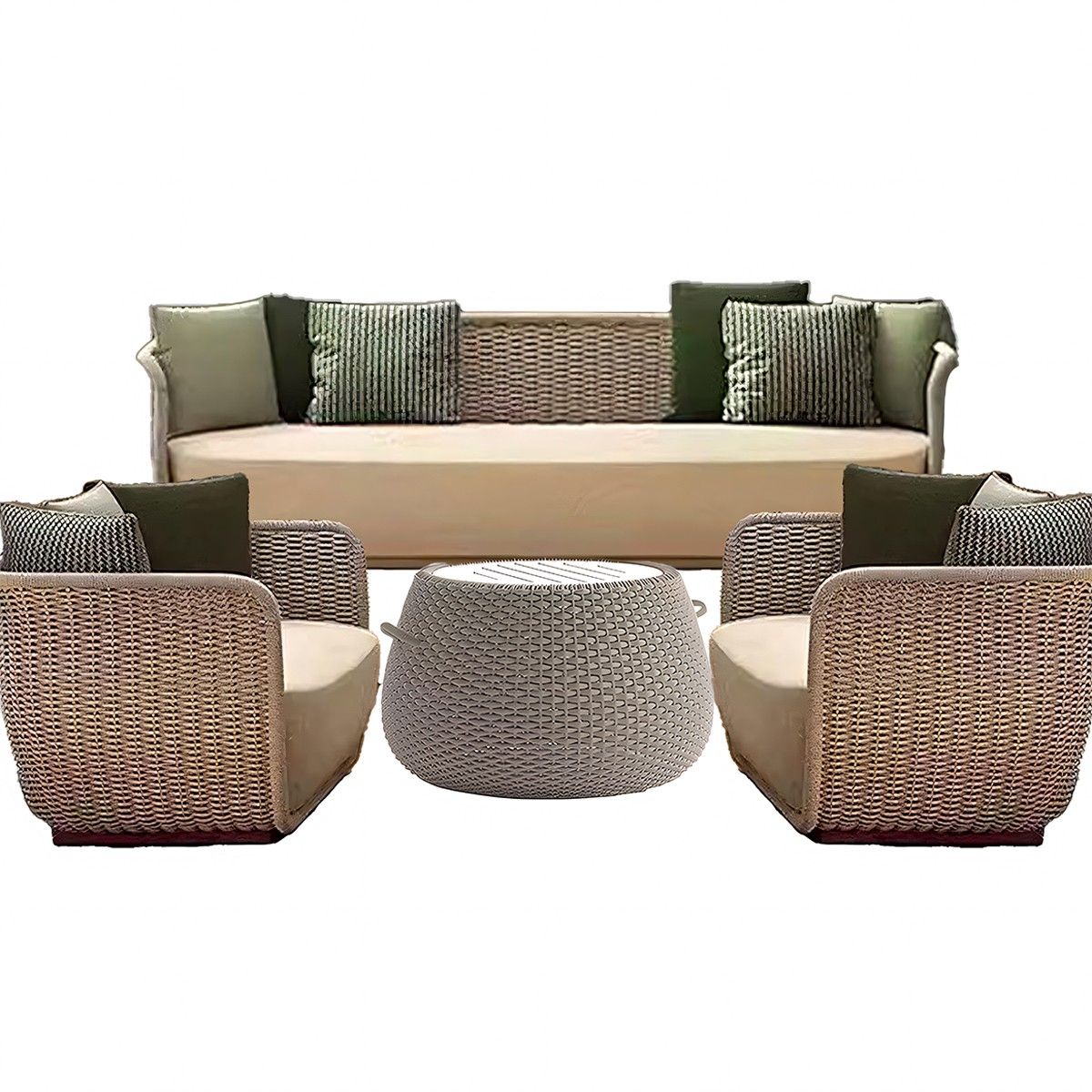 Möbelset, Garten oder Terrasse, Sessel, 3-Sitzer-Sofa, Tisch, Aluminium, Seilgeflecht, Creme-Sitzfläche, olivgrüne Kissen, NIKO