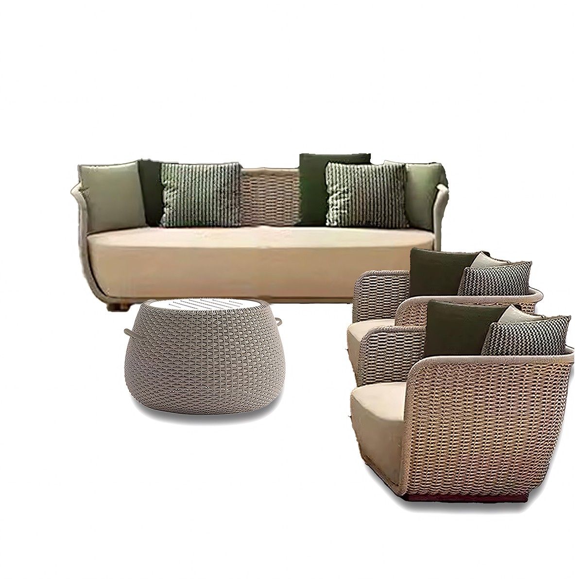 Möbelset für Terrasse und Garten, 2 Sessel, 3-Sitzer-Sofa, Couchtisch, Aluminium, Seilgeflecht, olivgrüne Kissen, NIKO
