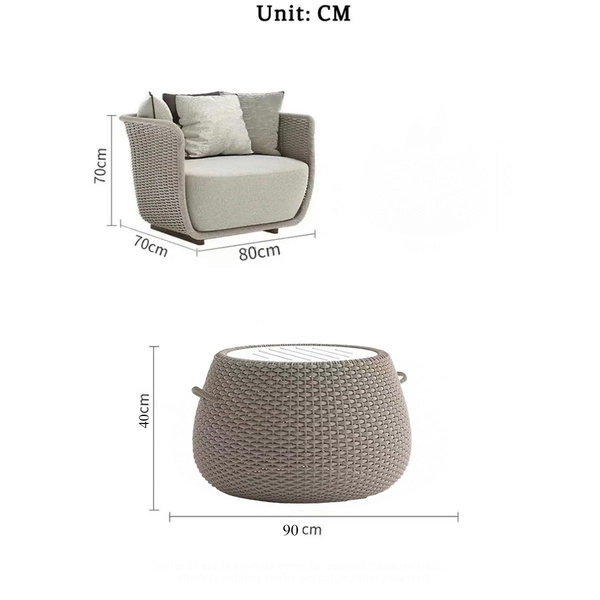 Möbelset für Terrasse und Garten, 2 Sessel, 3-Sitzer-Sofa, Couchtisch, Aluminium, Seilgeflecht, olivgrüne Kissen, NIKO