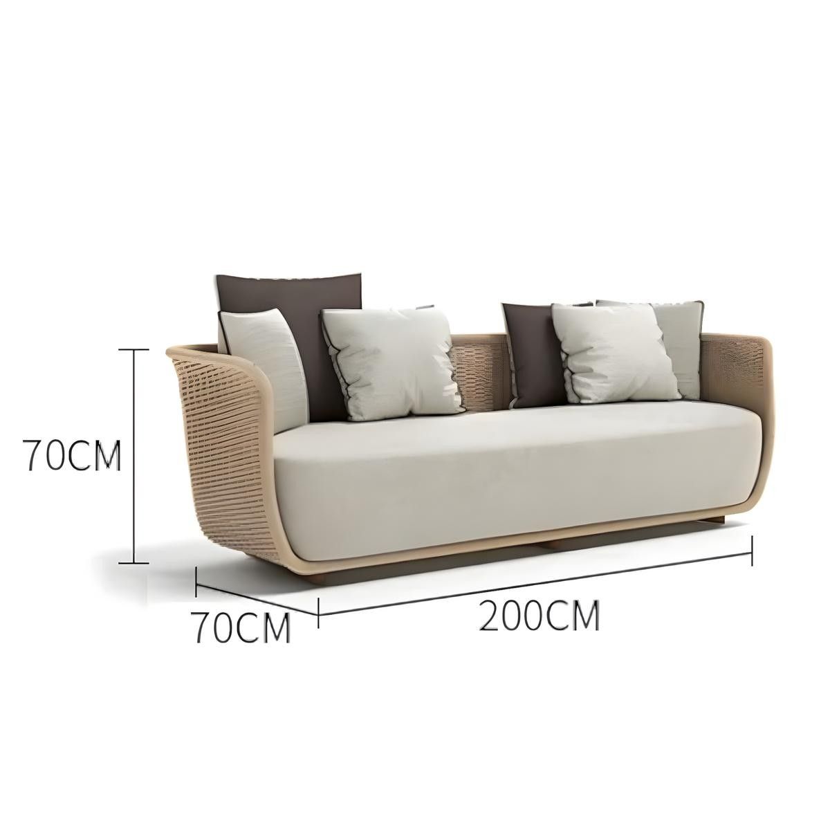 Möbelset für Terrasse und Garten, 2 Sessel, 3-Sitzer-Sofa, Couchtisch, Aluminium, Seilgeflecht, olivgrüne Kissen, NIKO