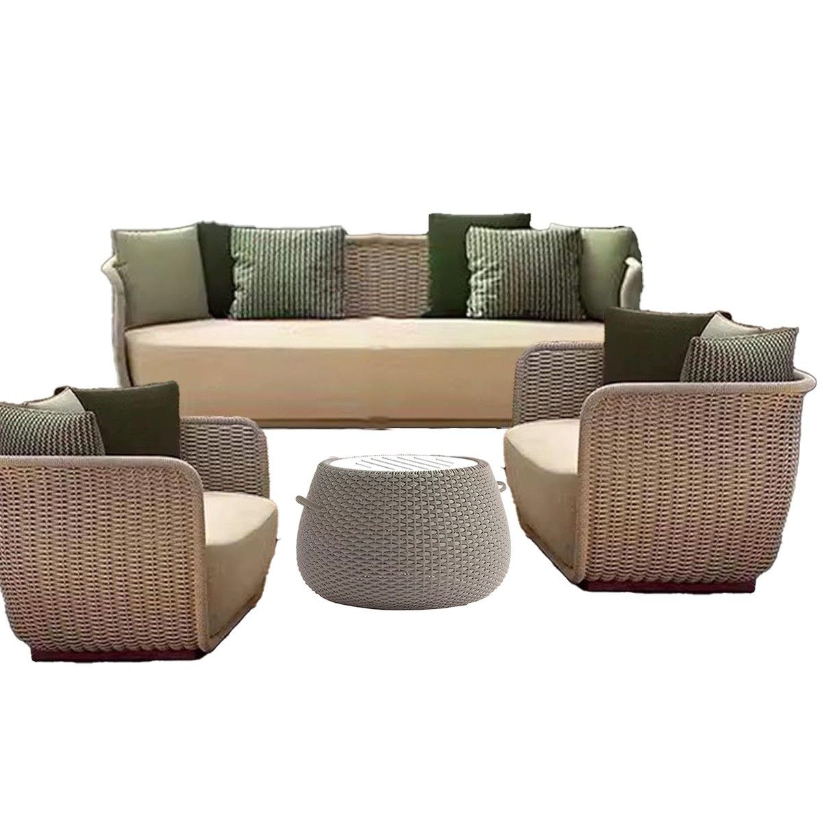 Möbelset für Terrasse und Garten, 2 Sessel, 3-Sitzer-Sofa, Couchtisch, Aluminium, Seilgeflecht, olivgrüne Kissen, NIKO