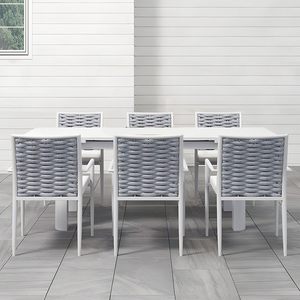 Möbelset für Terrasse oder Garten, Tisch aus Aluminium und Holz, 6 Stühle, Seilgeflecht, Torino