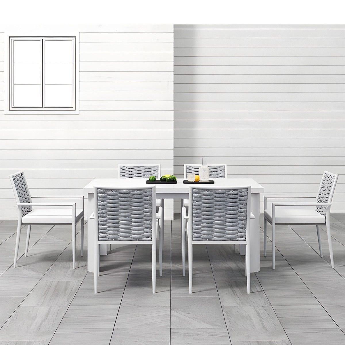 Möbelset für Terrasse oder Garten, Tisch aus Aluminium und Holz, 6 Stühle, Seilgeflecht, Torino