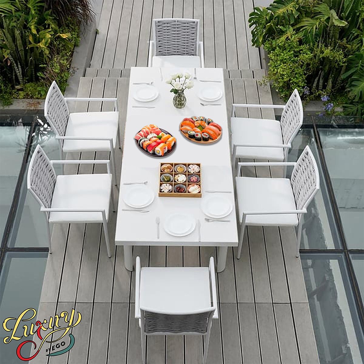 Möbelset für Garten oder Terrasse – Tisch aus Aluminium und Holz, 6 Stühle mit Seilgeflecht, Torino