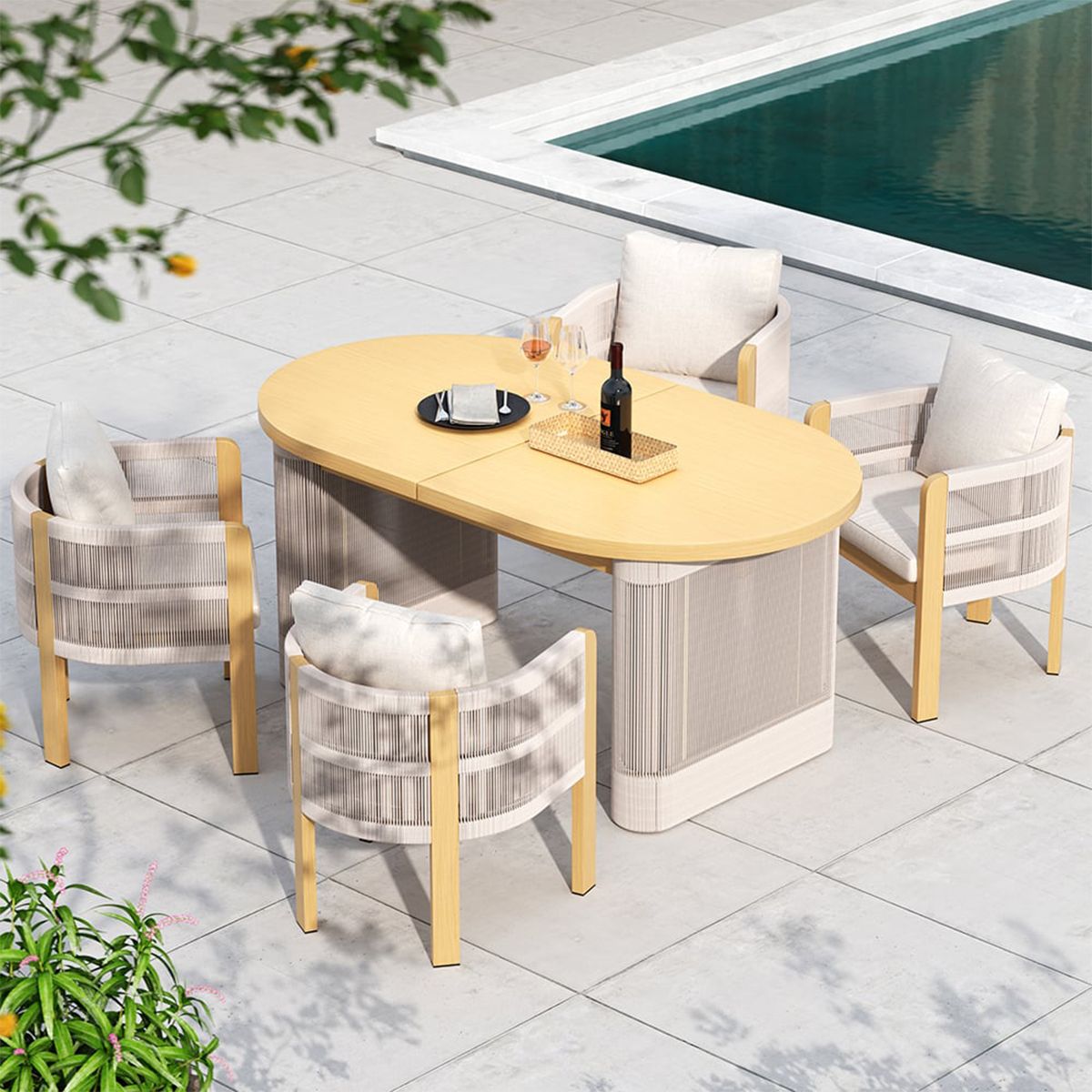 Gartenmöbel-Set, 6 Stühle, ausziehbarer Tisch, für Terrasse, Garten, aus Aluminium und Seilgeflecht, inklusive Kissen, Riviera