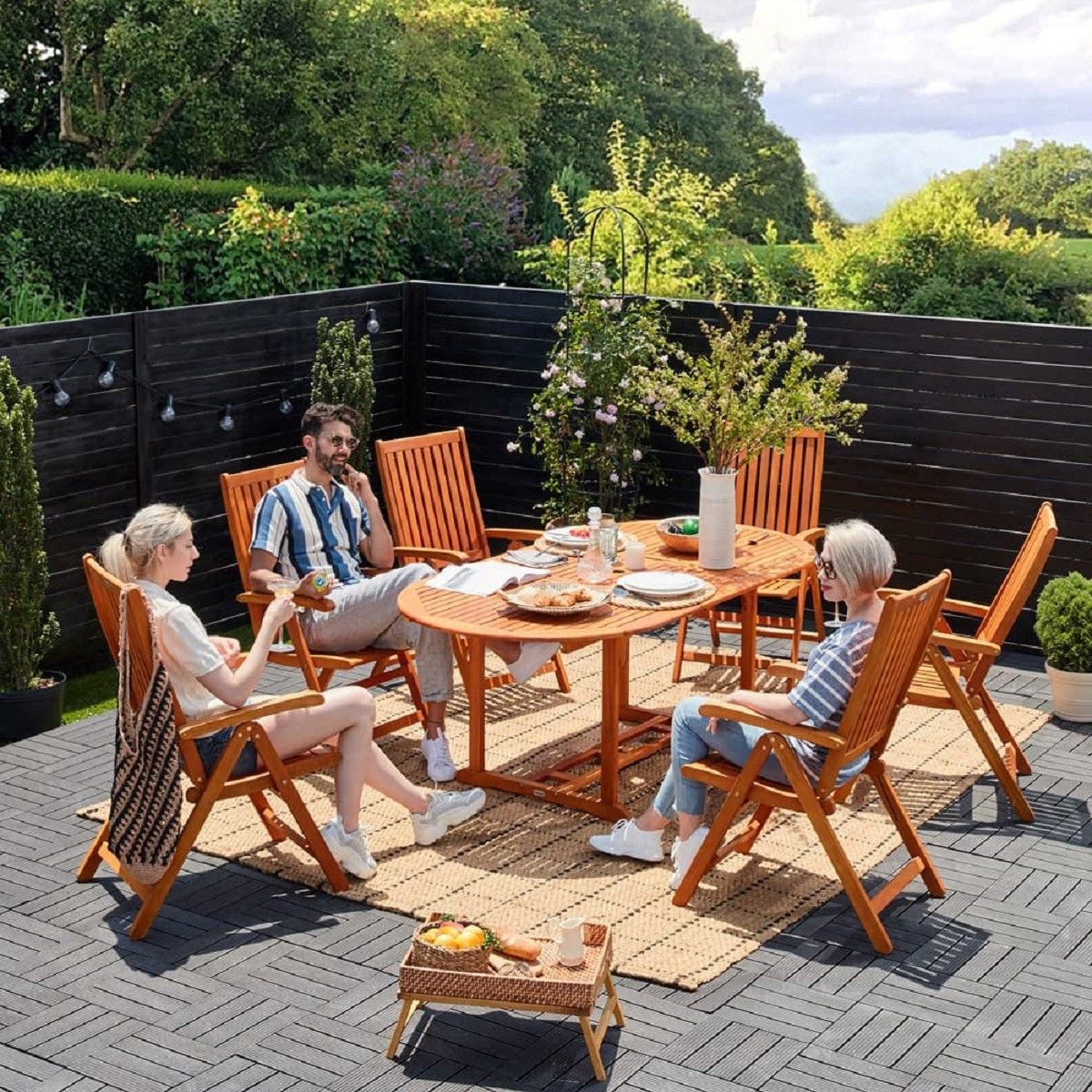 Gartenmöbel-Set für die Terrasse, 6 Klappstühle, FSC®- Eukalyptus, Sonnenschirmhalter, Braun, 200x100 x 74 cm, Houston