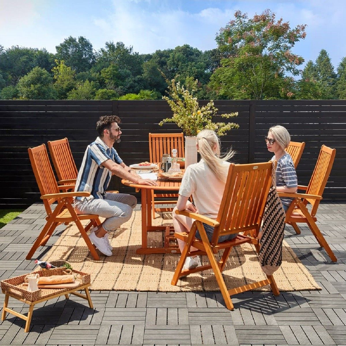 Gartenmöbel-Set für die Terrasse, 6 Klappstühle, FSC®- Eukalyptus, Sonnenschirmhalter, Braun, 200x100 x 74 cm, Houston