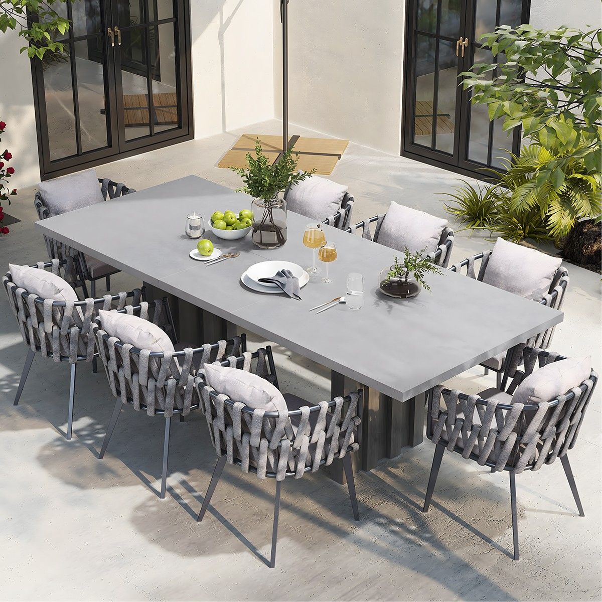 Möbelset für Garten oder Terrasse, 8 Stühle, ausziehbarer Tisch, Aluminium und Seilflechtung, Riga