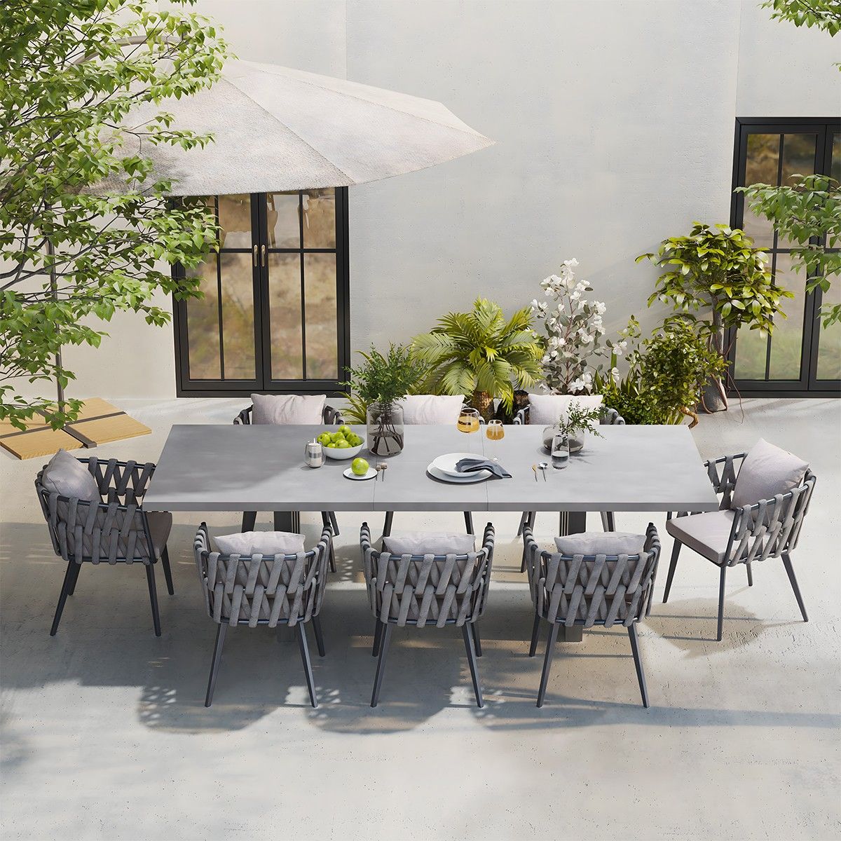 Möbelset für Garten oder Terrasse, 8 Stühle, ausziehbarer Tisch, Aluminium und Seilflechtung, Riga