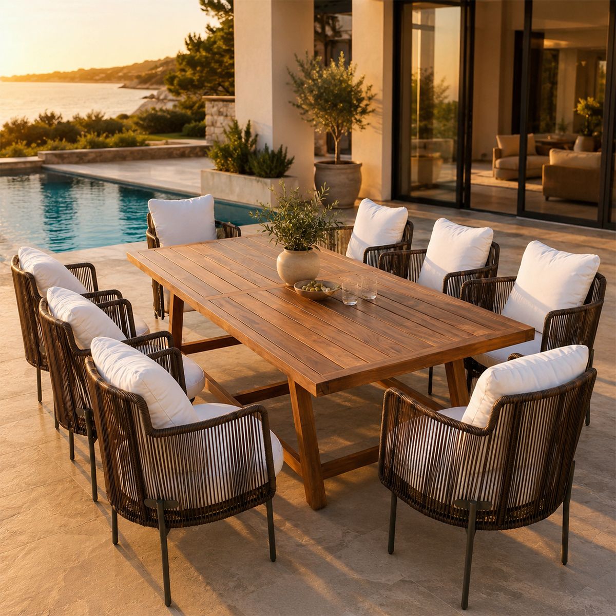 Möbelset für Garten oder Terrasse – Tisch und 8 Stühle, Aluminiumrahmen mit Polyrattan und massivem Teakholz, Tess