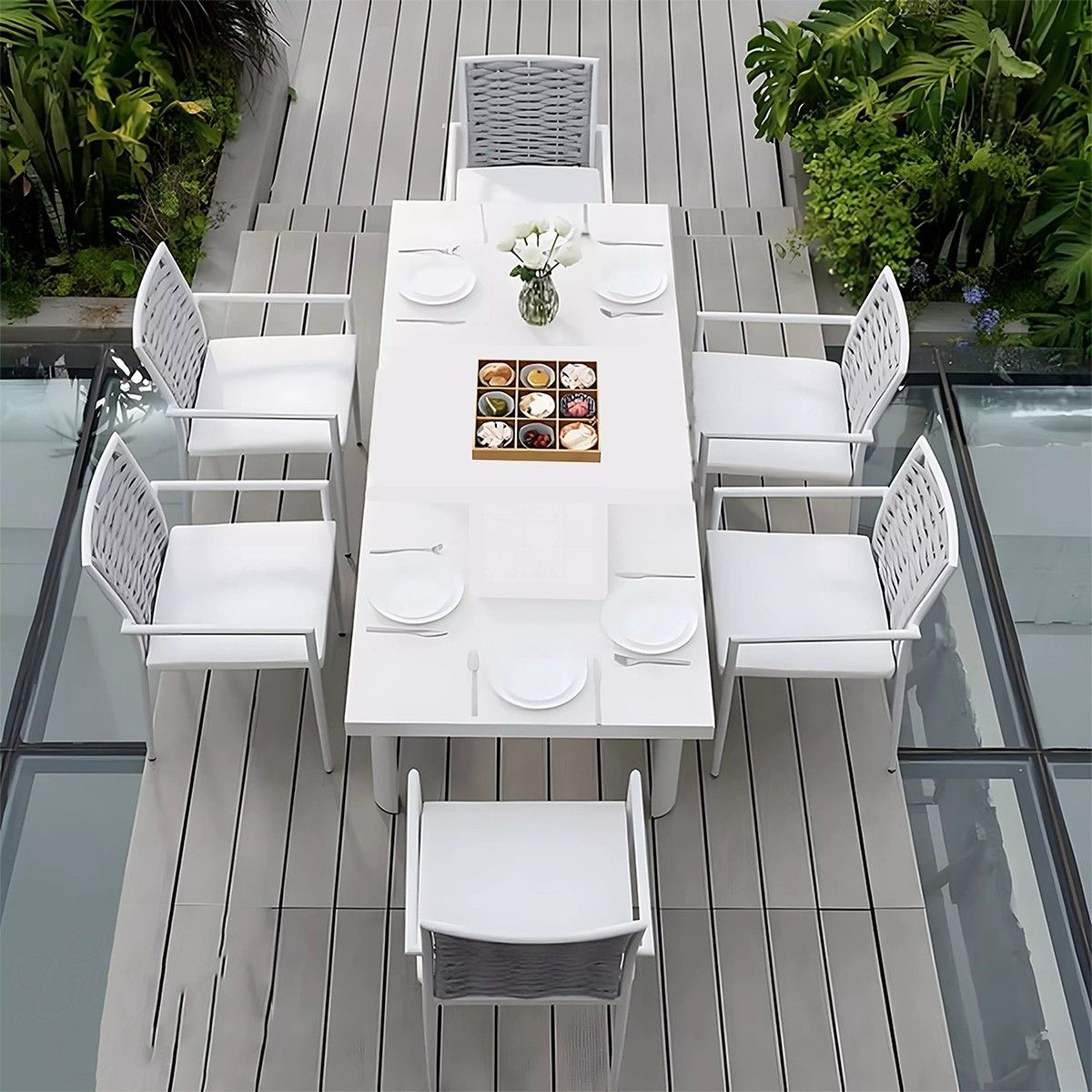 Möbelset für Terrasse und Garten, Tisch aus Aluminium und Holz, 8 Stühle, Seilgeflecht, Torino