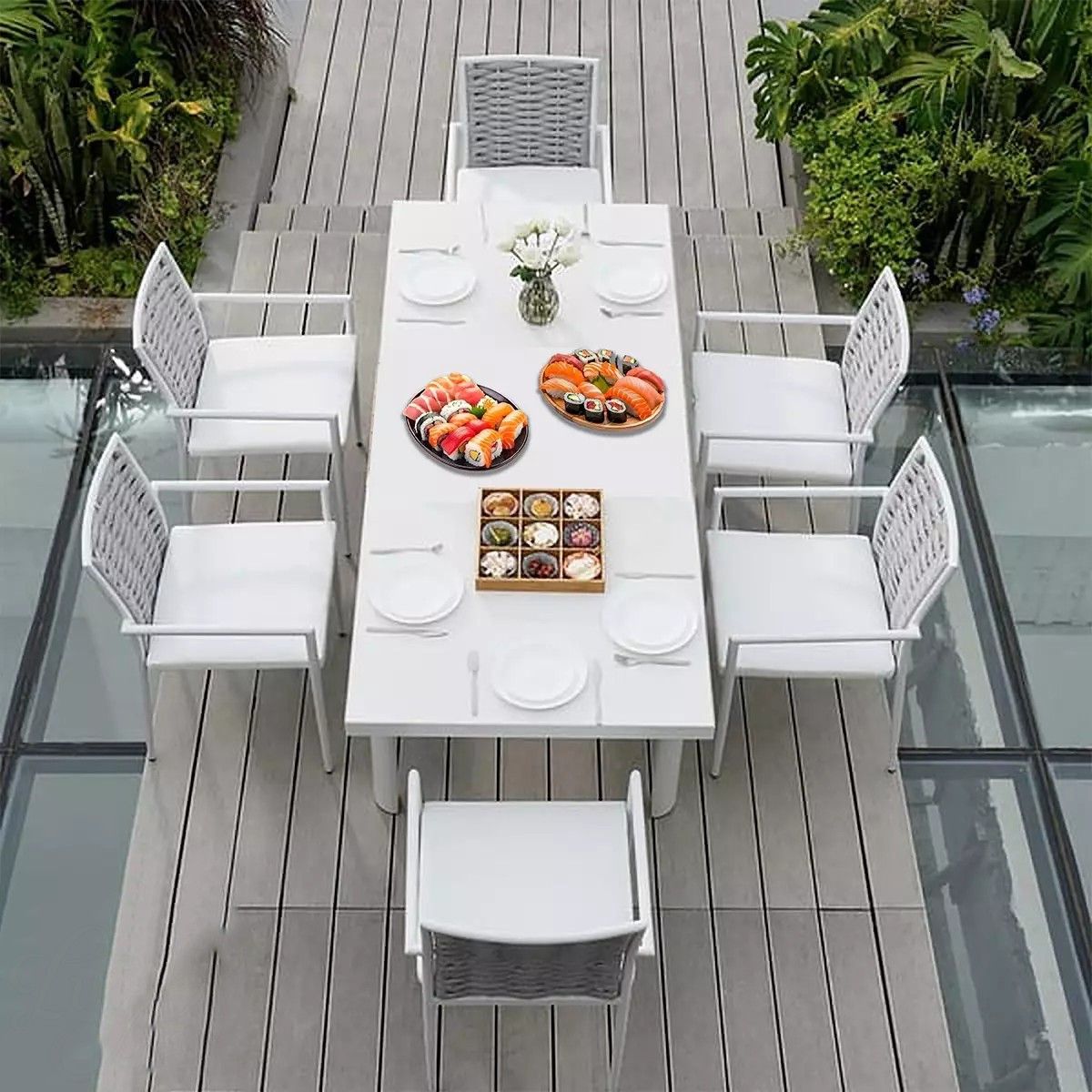 Möbelset für Garten oder Terrasse – Tisch aus Aluminium und Holz, 8 Stühle mit Seilgeflecht, Torino