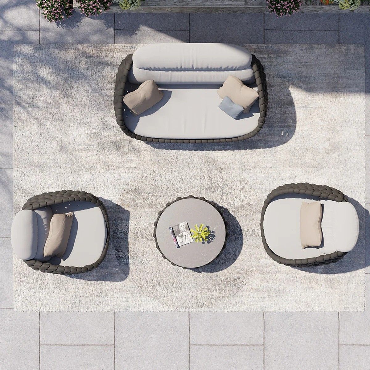 Möbelset für Terrasse und Garten, Sofa, Sessel, Couchtisch, Aluminium, rundes Seilgeflecht, Dylan