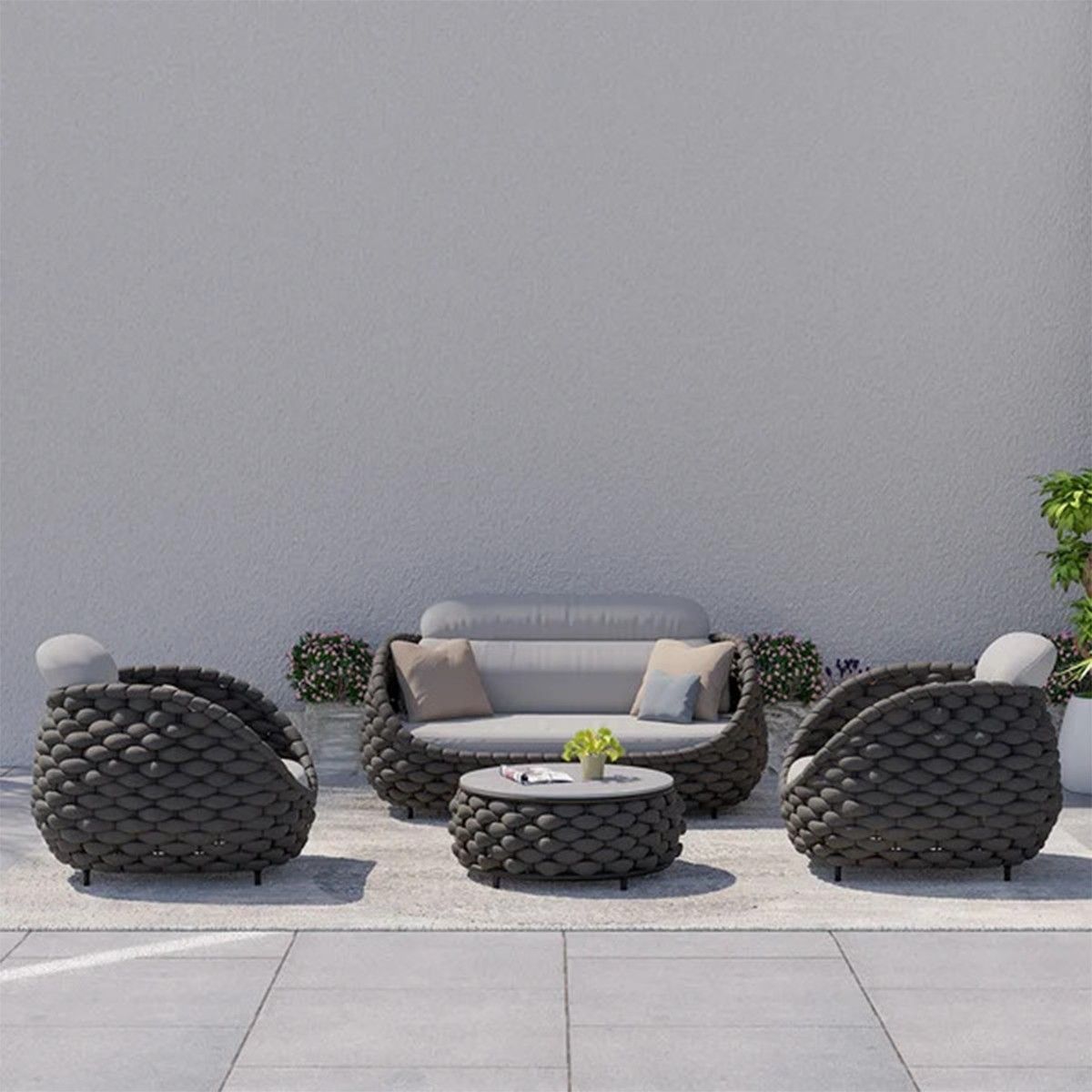 Möbelset für Terrasse und Garten, Sofa, Sessel, Couchtisch, Aluminium, rundes Seilgeflecht, Dylan