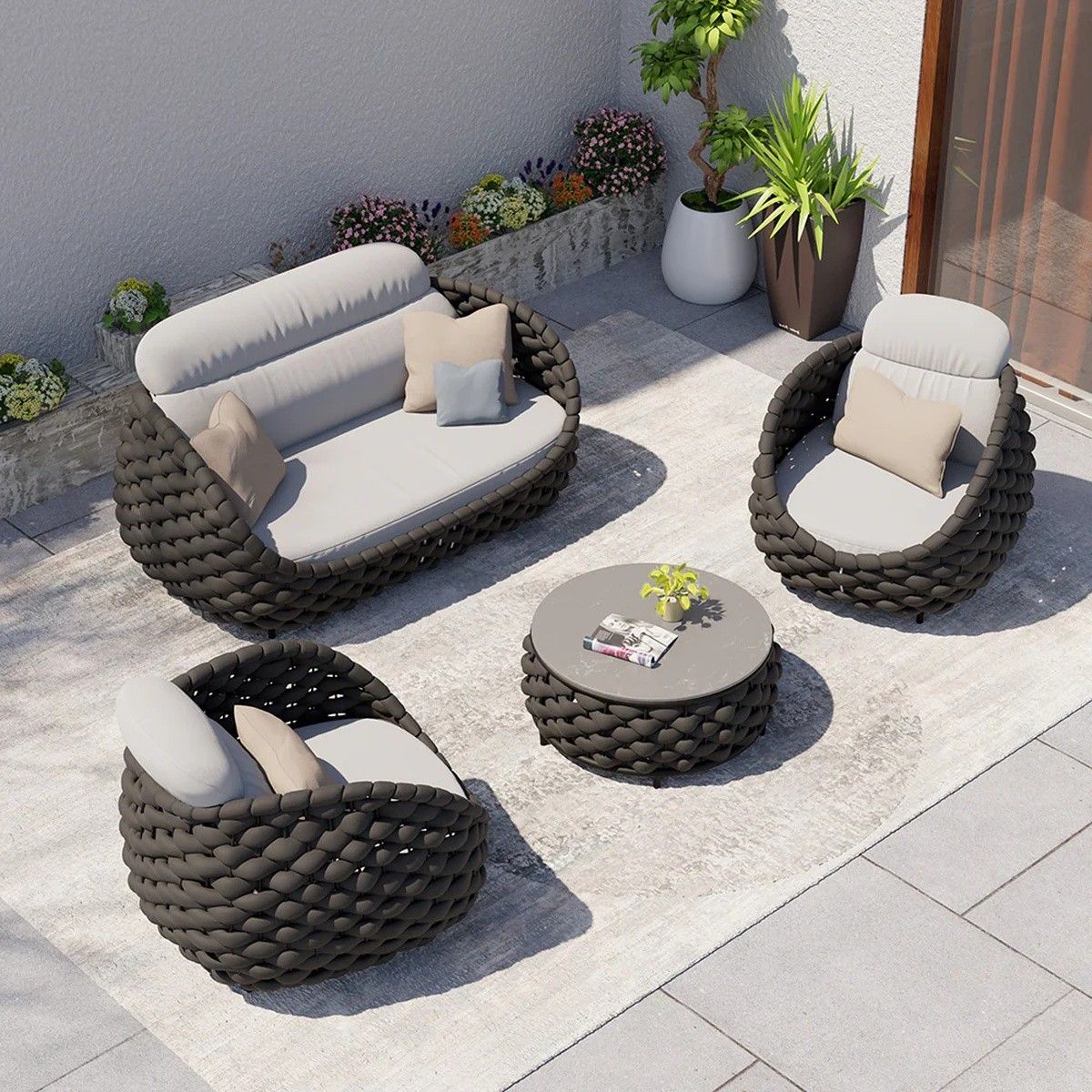 Möbelset für Garten oder Terrasse, Sofa, Sessel, Couchtisch, Aluminium, Seilgeflecht, Dylan
