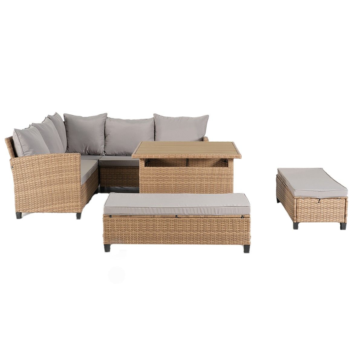Möbelset für Garten oder Terrasse – Sofa, 2 Bänke und quadratischer Tisch, Polyrattan, Santorini