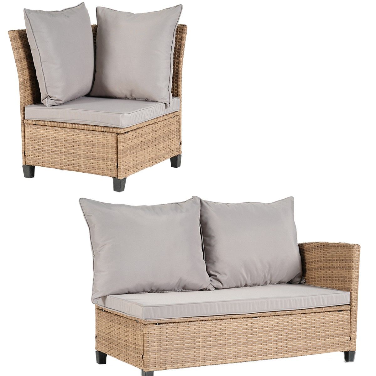 Möbelset für Terrasse oder Garten, Sofa, 2 Bänke und quadratischer Tisch, Polyrattan, Santorini